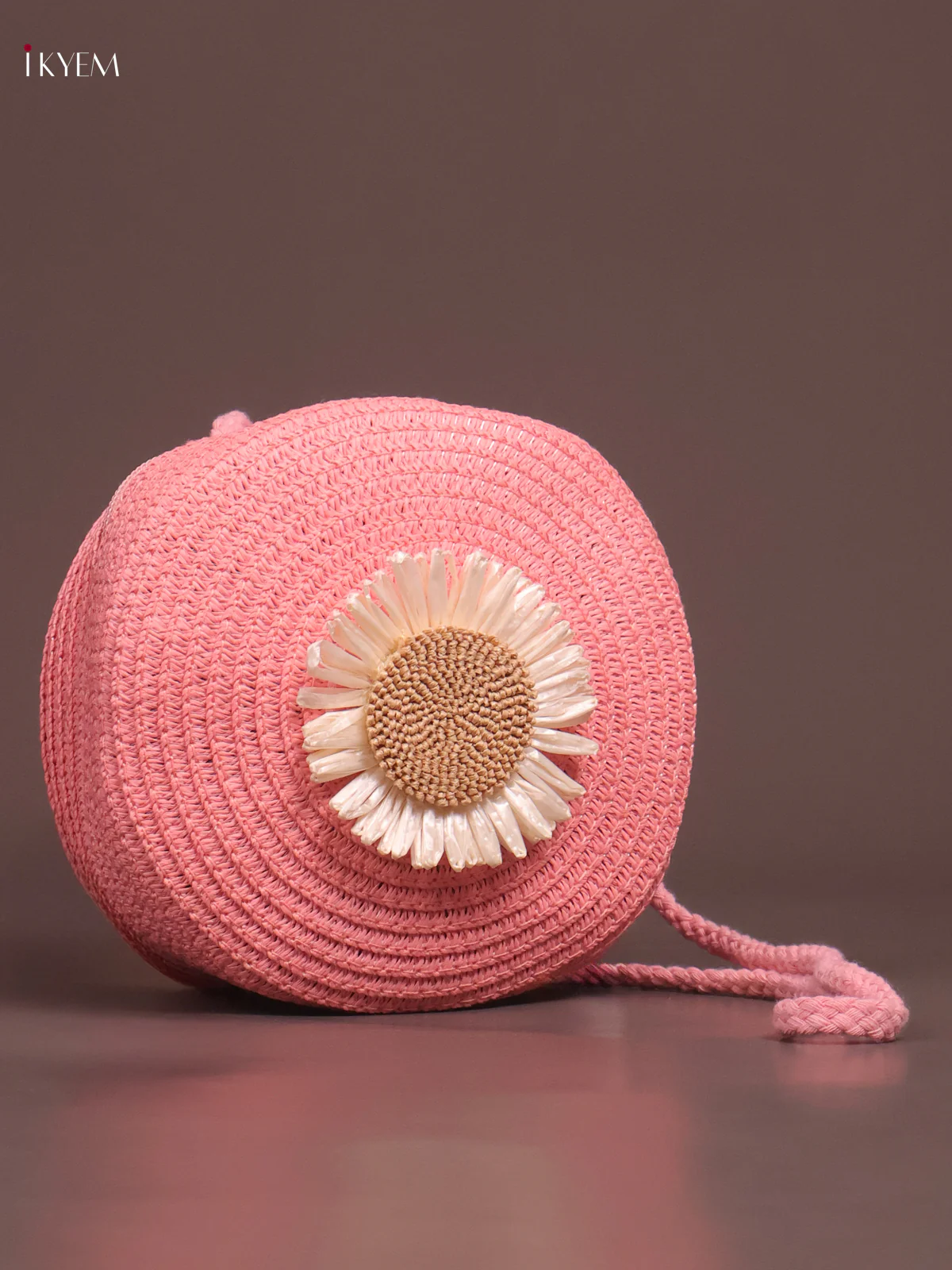 Jute Round Sling Bag Floral Design Pink - Image 2