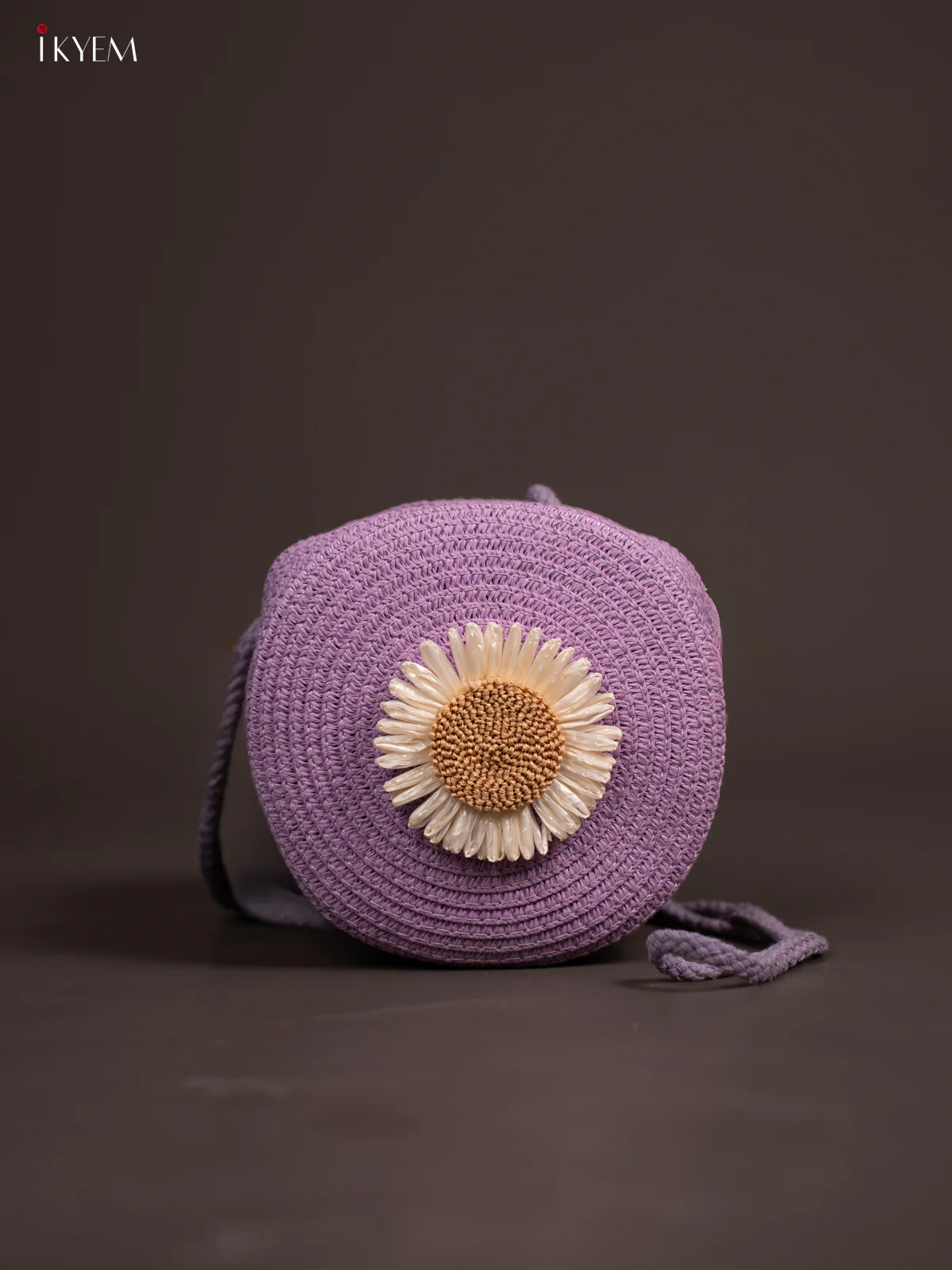 Jute Round Sling Bag  Floral Design  Violet