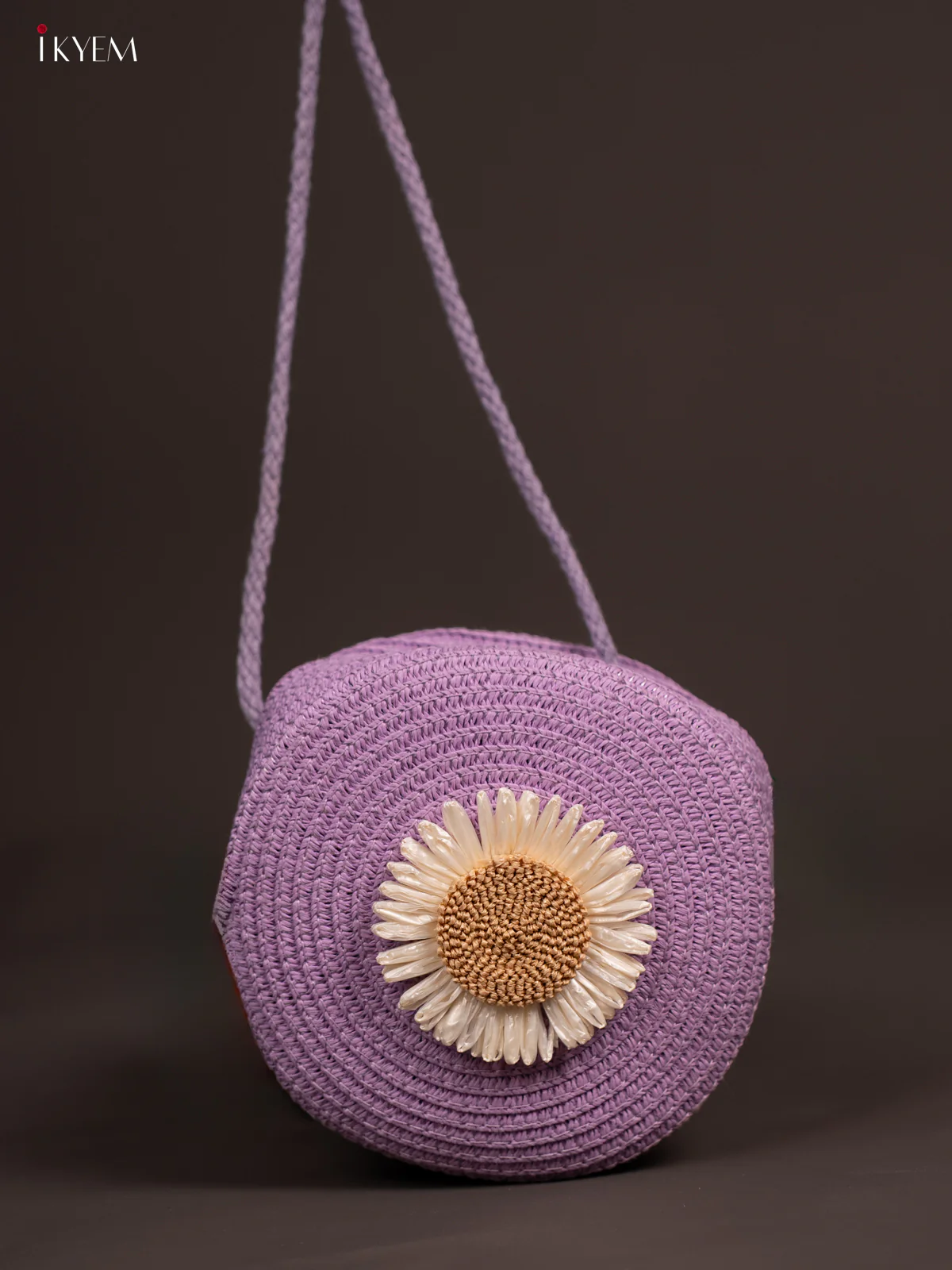 Jute Round Sling Bag  Floral Design  Violet - Image 3