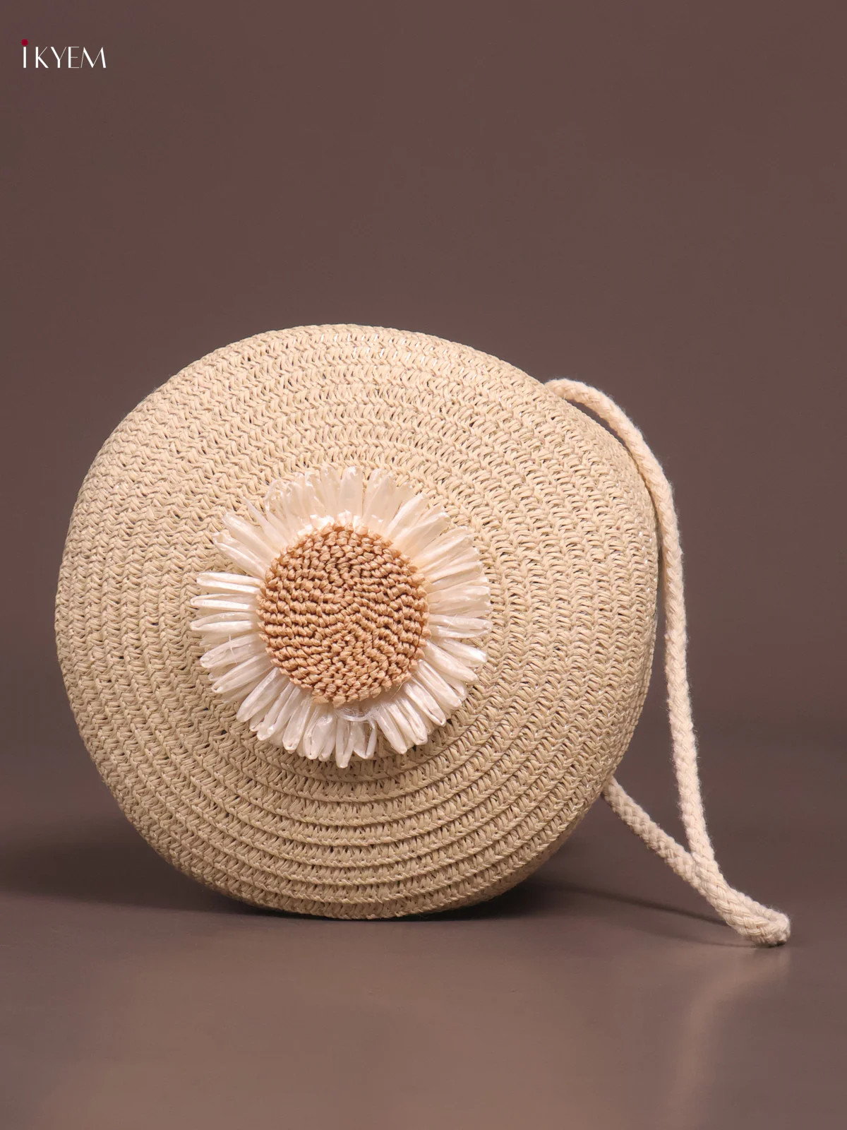 Jute Round Sling Bag Floral Design  Cream