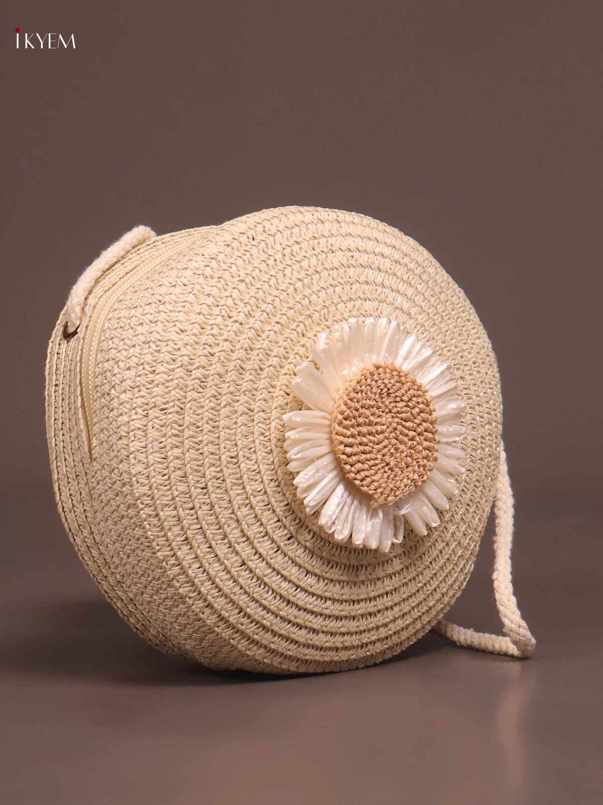 Jute Round Sling Bag Floral Design Cream - Image 2
