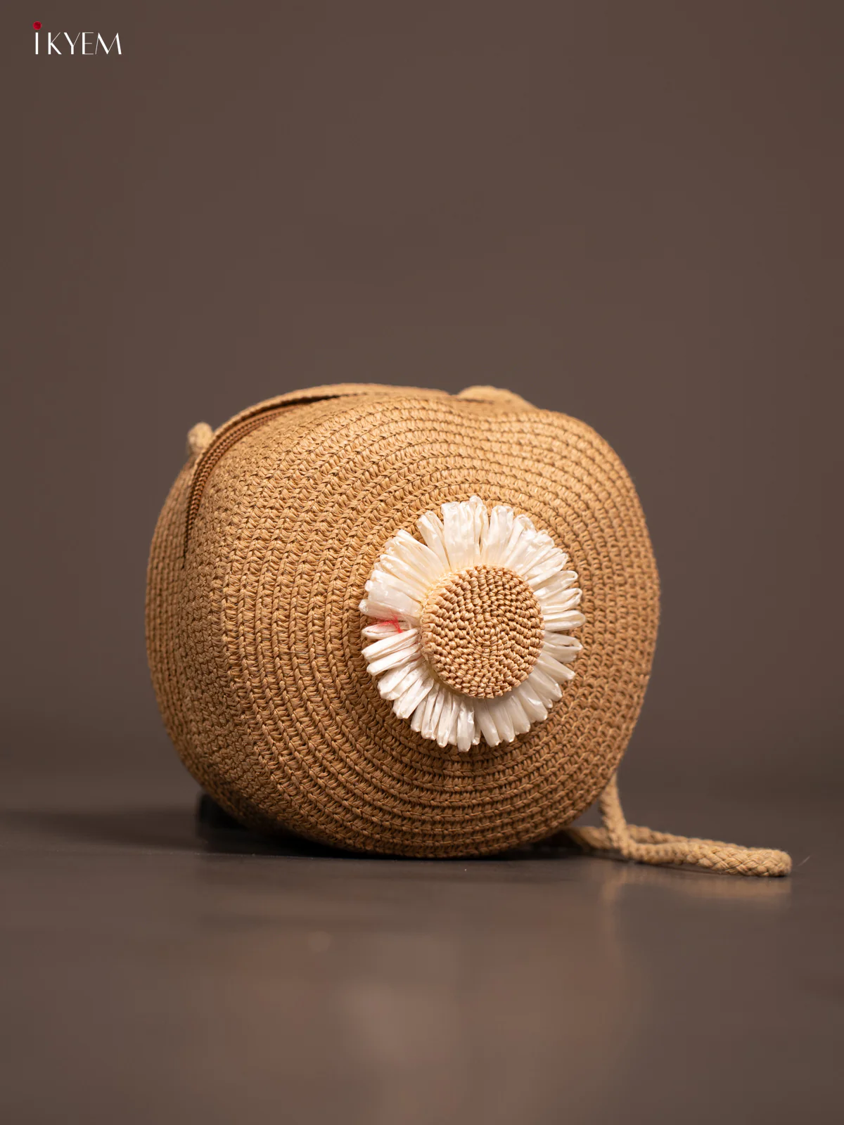Jute Round Sling Bag Floral Design Brown - Image 2