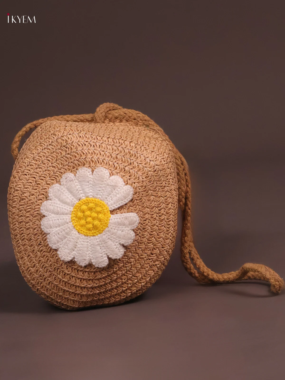 Jute Round Sling Bag Floral Design Brown
