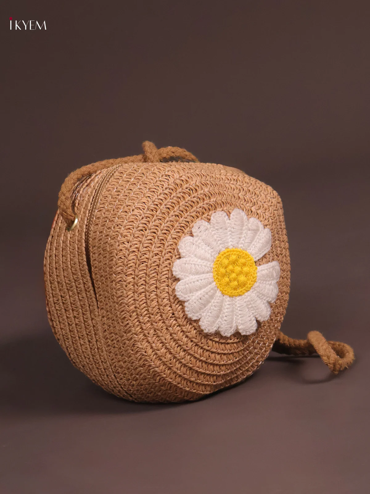 Jute Round Sling Bag Floral Design Brown - Image 2