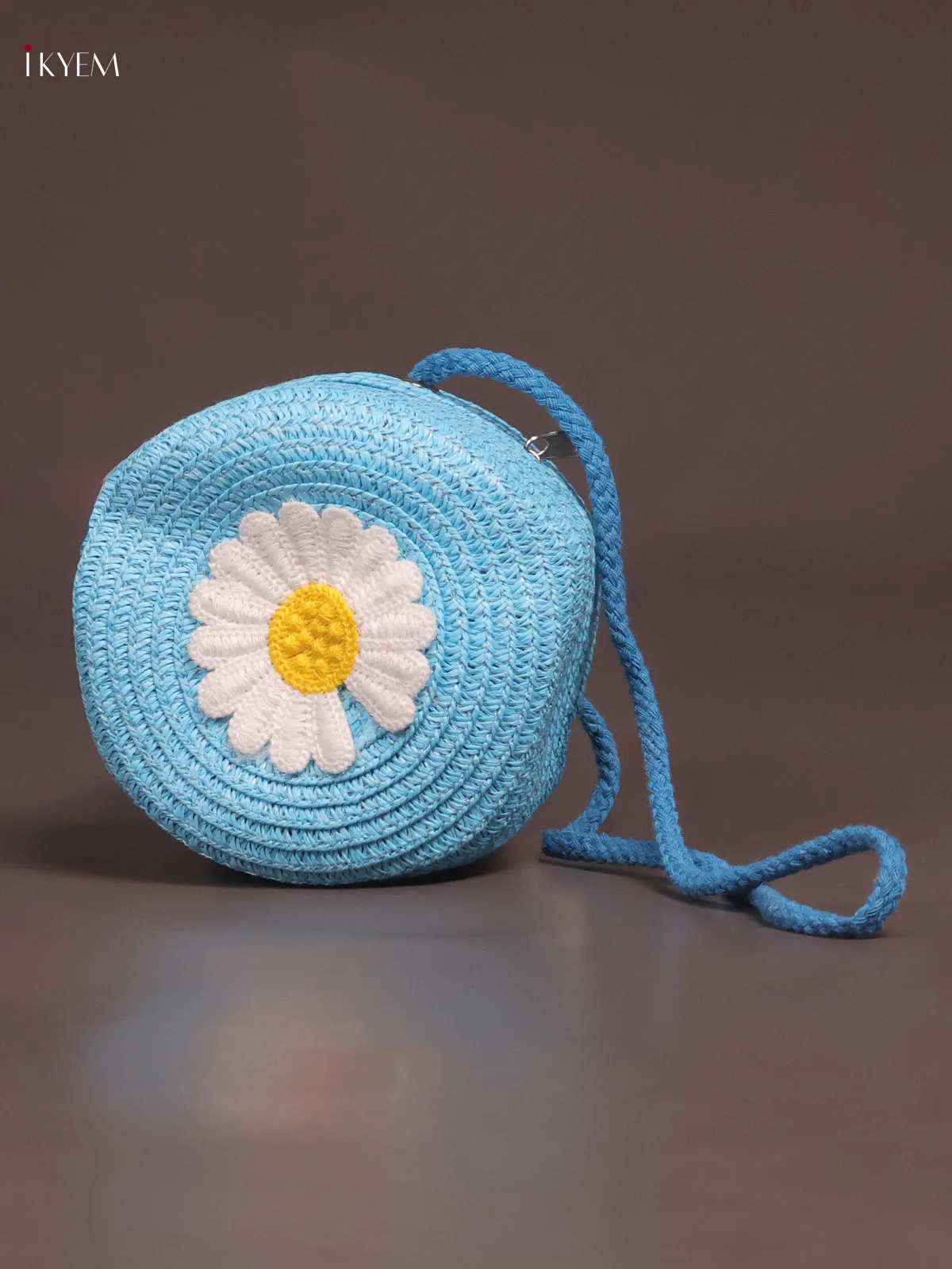 Jute Round Sling Bag Floral Design Blue