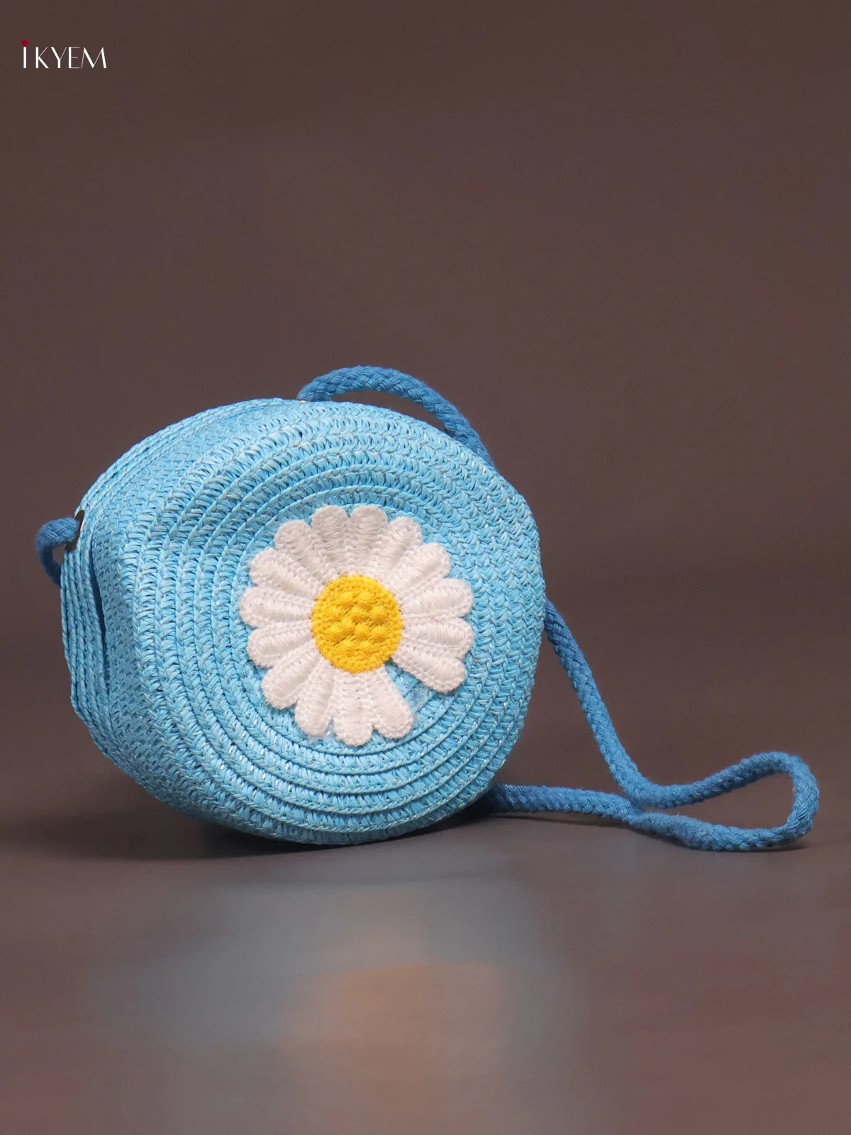 Jute Round Sling Bag Floral Design Blue - Image 2