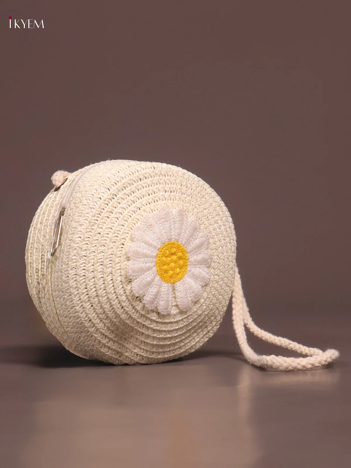 Jute Round Sling Bag Floral Design White - Image 2