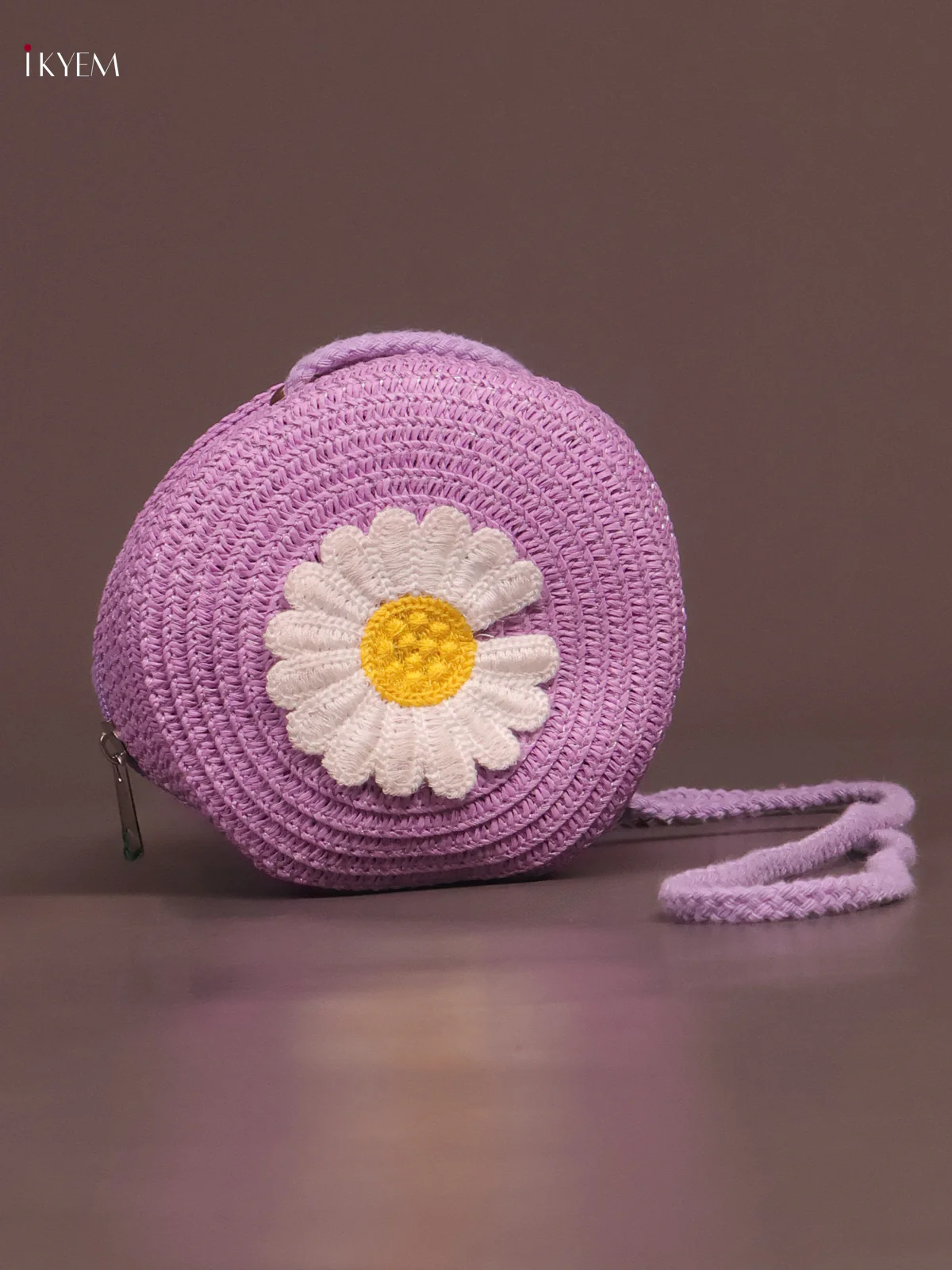Jute Round Sling Bag Floral Design Violet