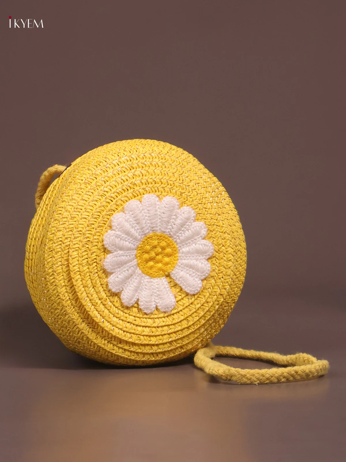 Jute Round Sling Bag Floral Design Yellow - Image 2