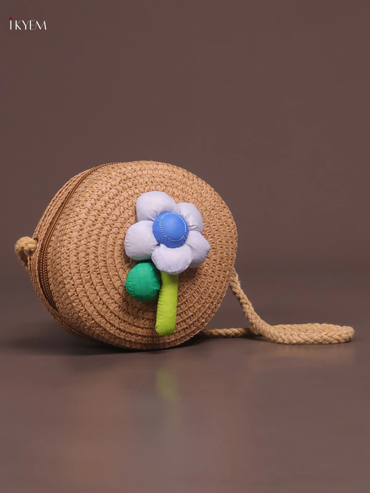 Jute Round Sling Bag Floral Design Brown - Image 2