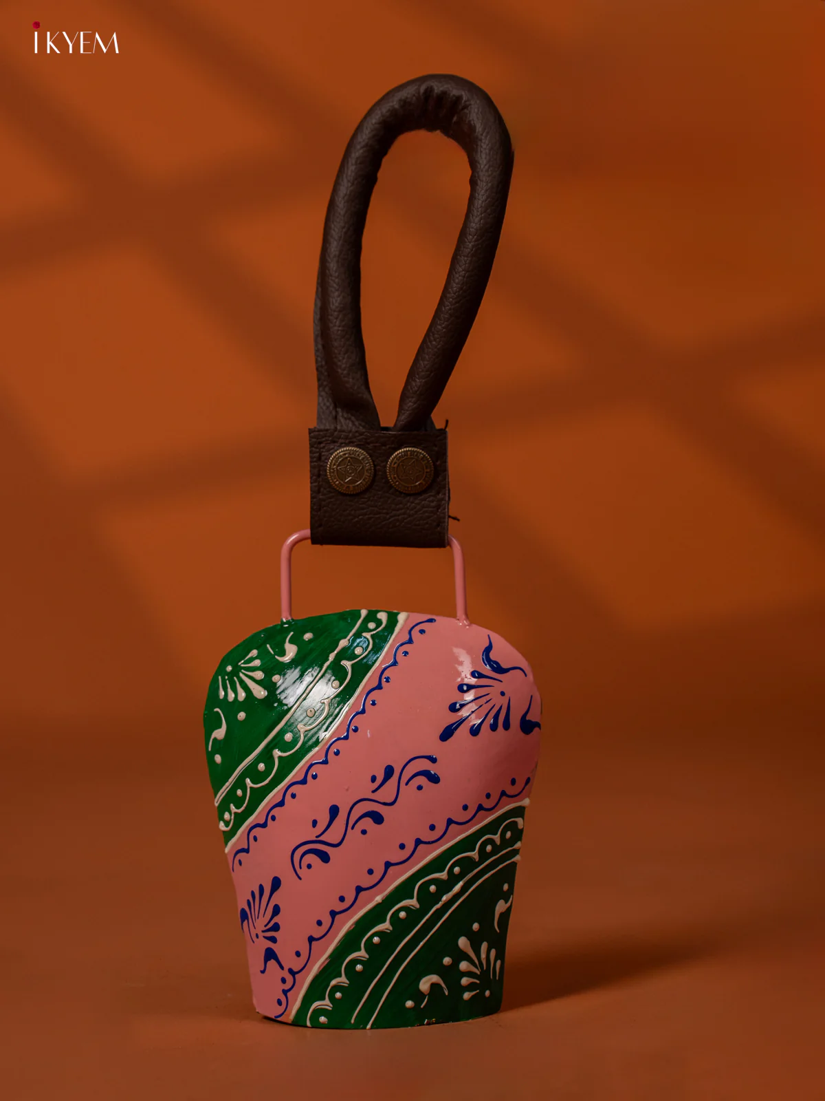 Hand Painted Cow Bell with Leather Handle - Medium - Light pink with Green - KE27150