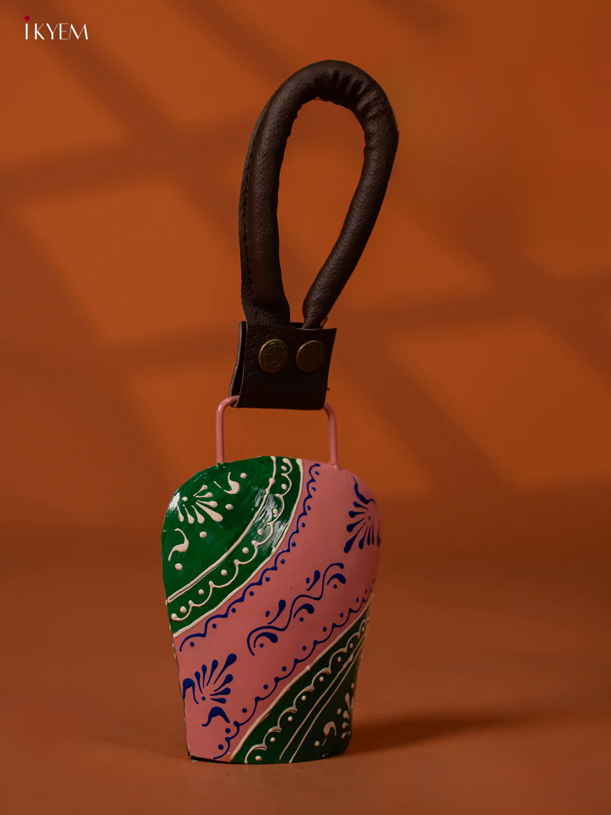 Hand Painted Cow Bell with Leather Handle - Medium - Light pink with Green - KE27150 - Image 2