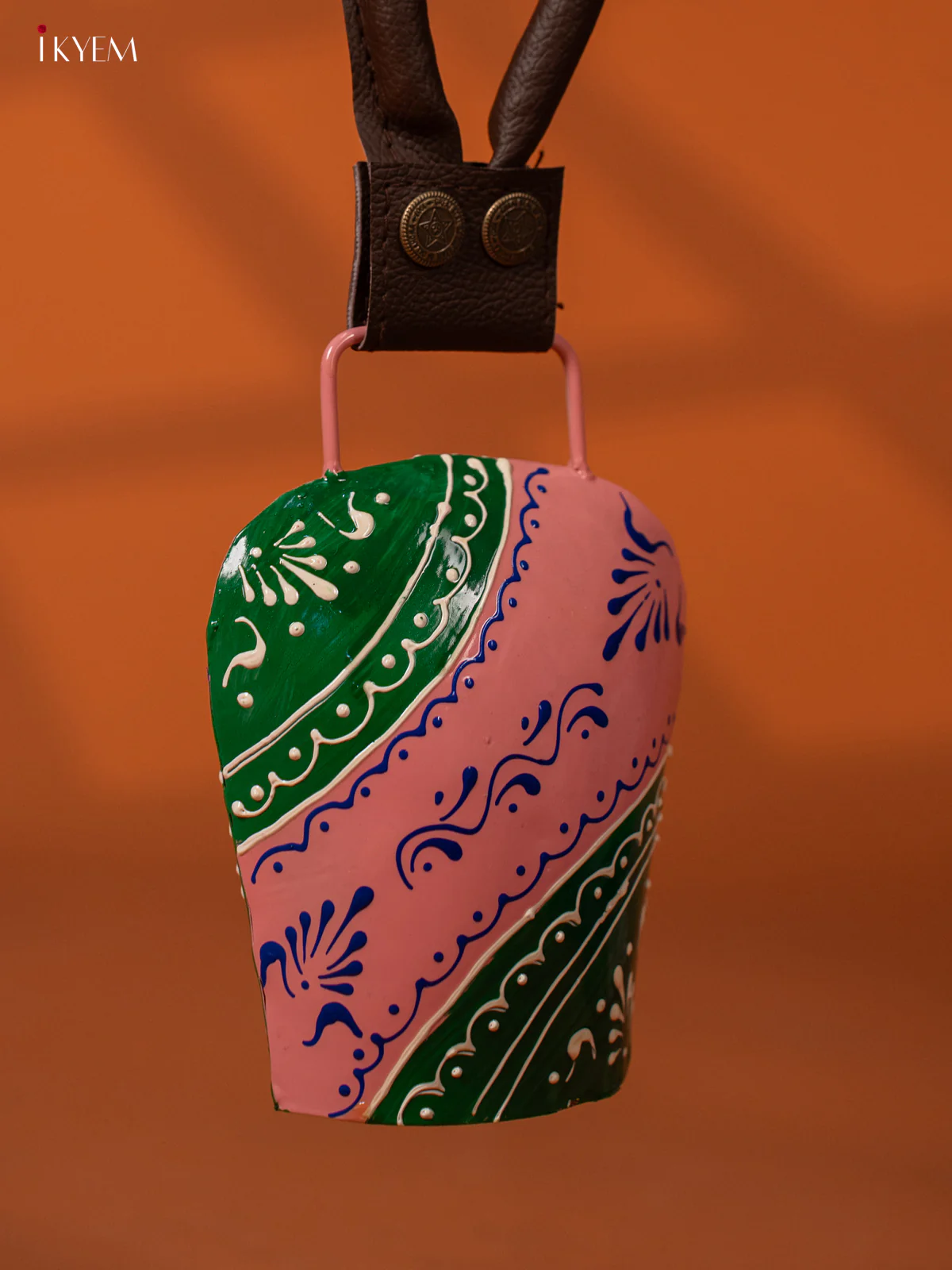 Hand Painted Cow Bell with Leather Handle - Medium - Light pink with Green - KE27150 - Image 3