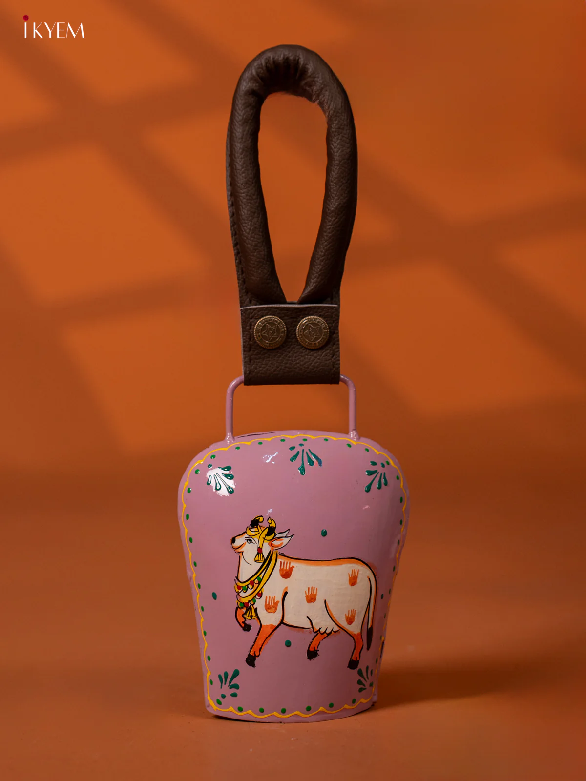 Hand Painted Pichwai Cow Bell with Leather Handle - Medium - Violet - KE27152