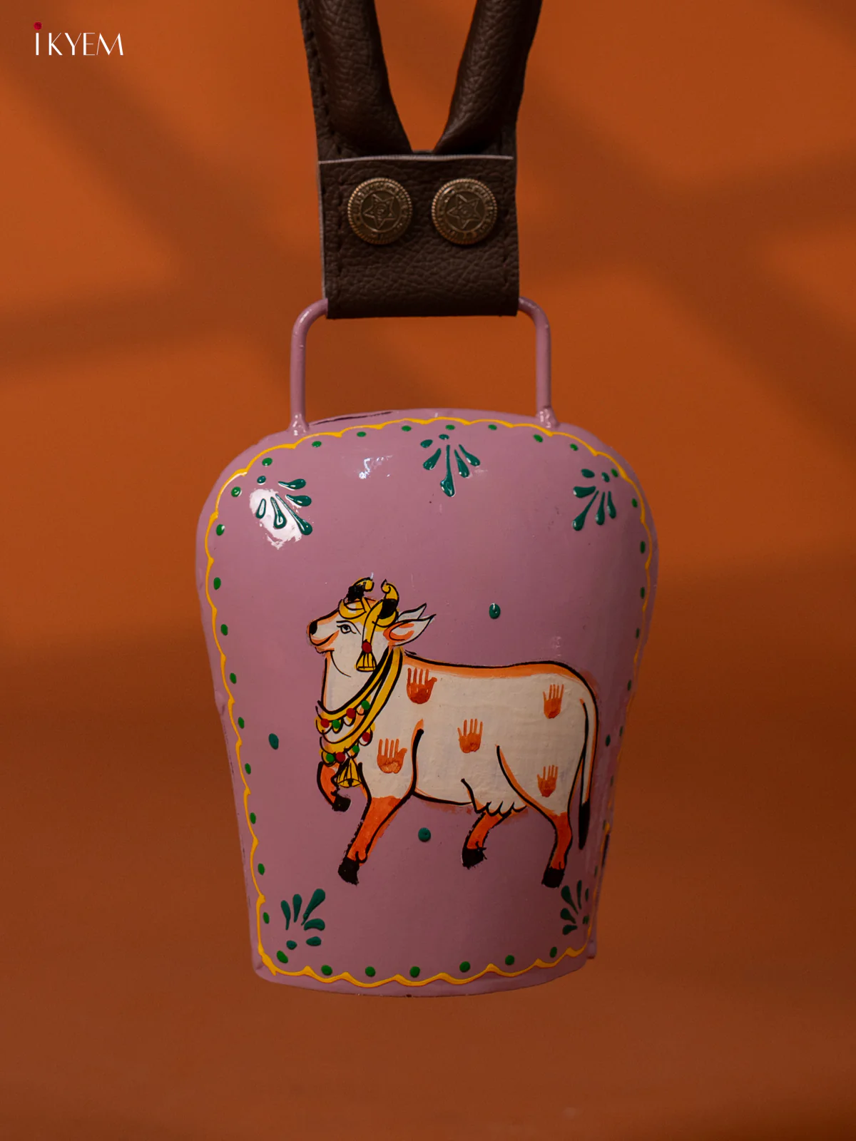 Hand Painted Pichwai Cow Bell with Leather Handle - Medium - Violet - KE27152 - Image 2