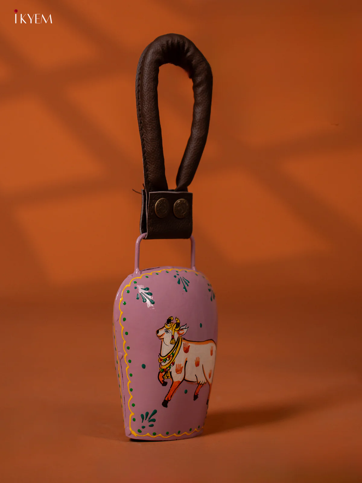 Hand Painted Pichwai Cow Bell with Leather Handle - Medium - Violet - KE27152 - Image 3