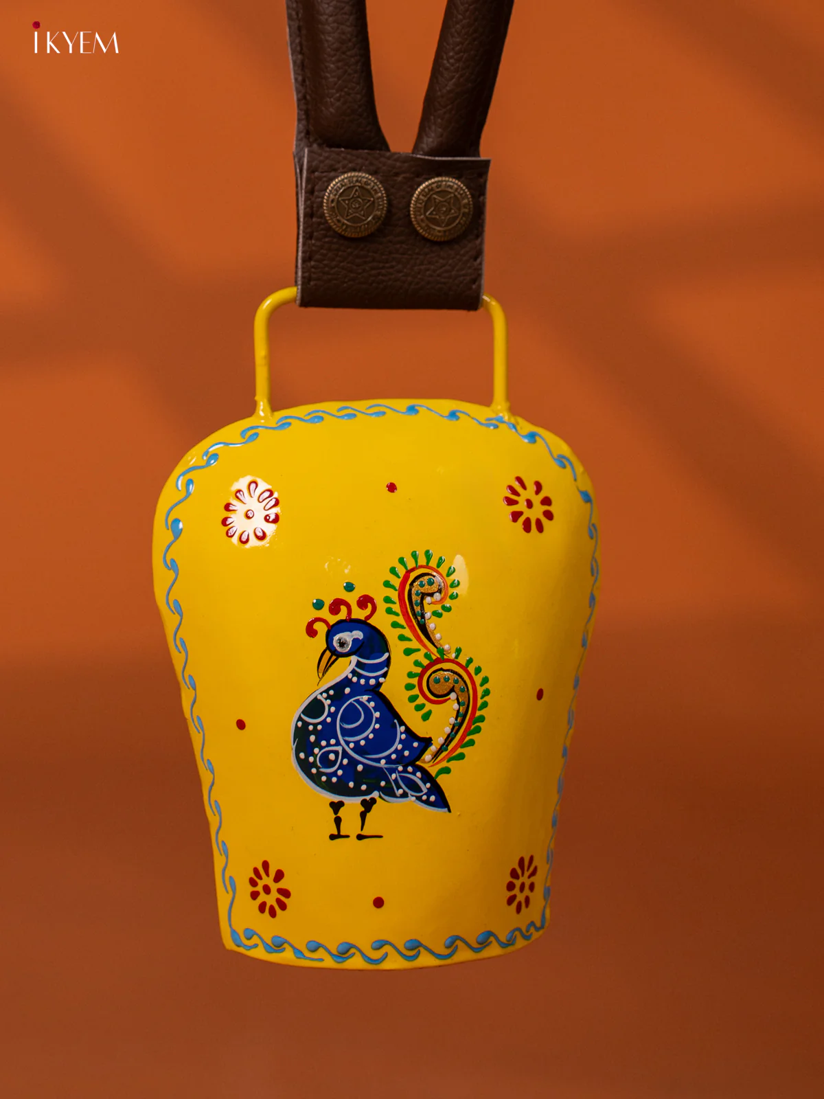 Hand Painted peacock Cow Bell with Leather Handle - Medium - yellow - KE27153 - Image 3