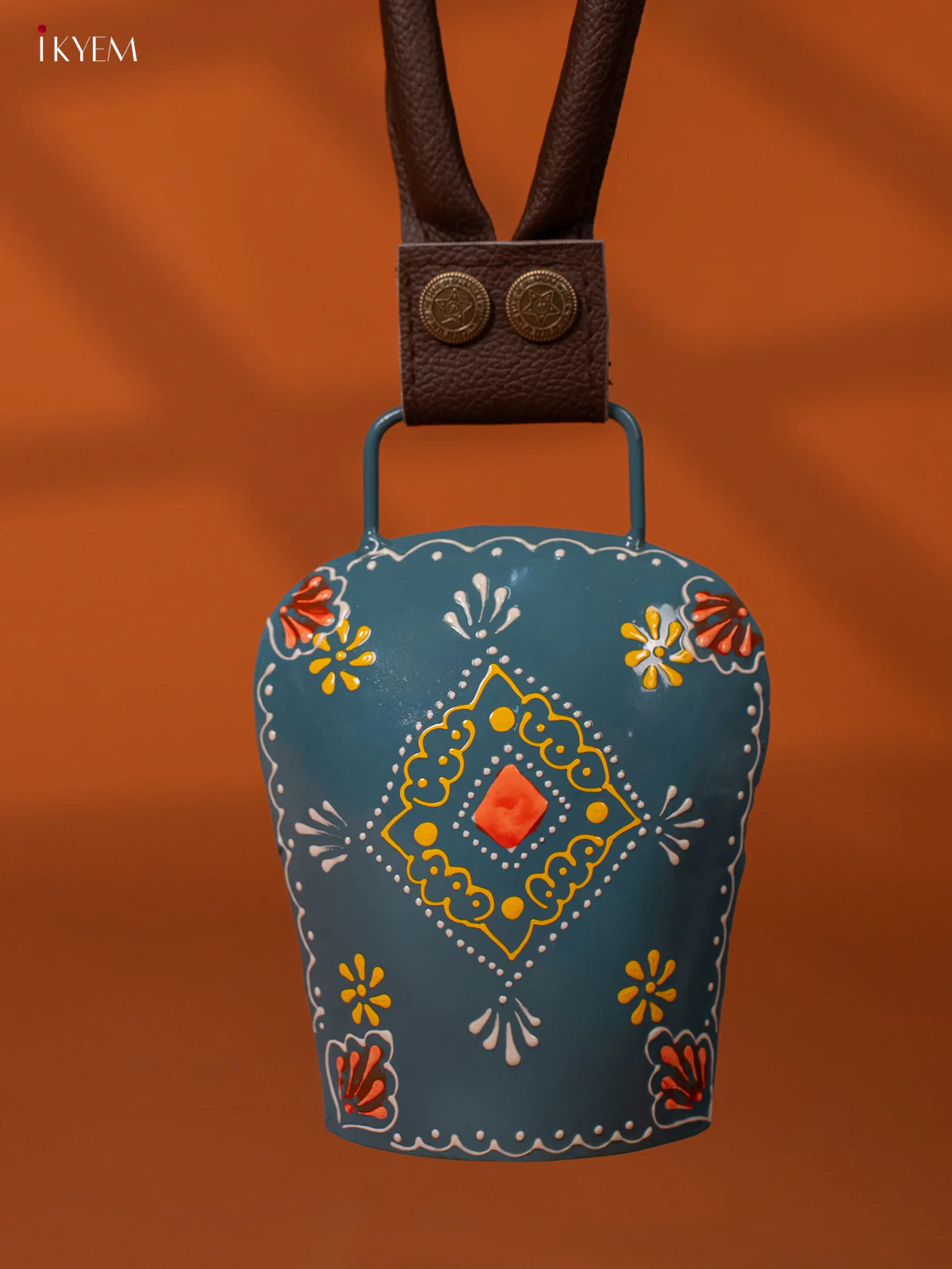 Hand Painted Cow Bell with Leather Handle - Medium - Blue - KE27154 - Image 3
