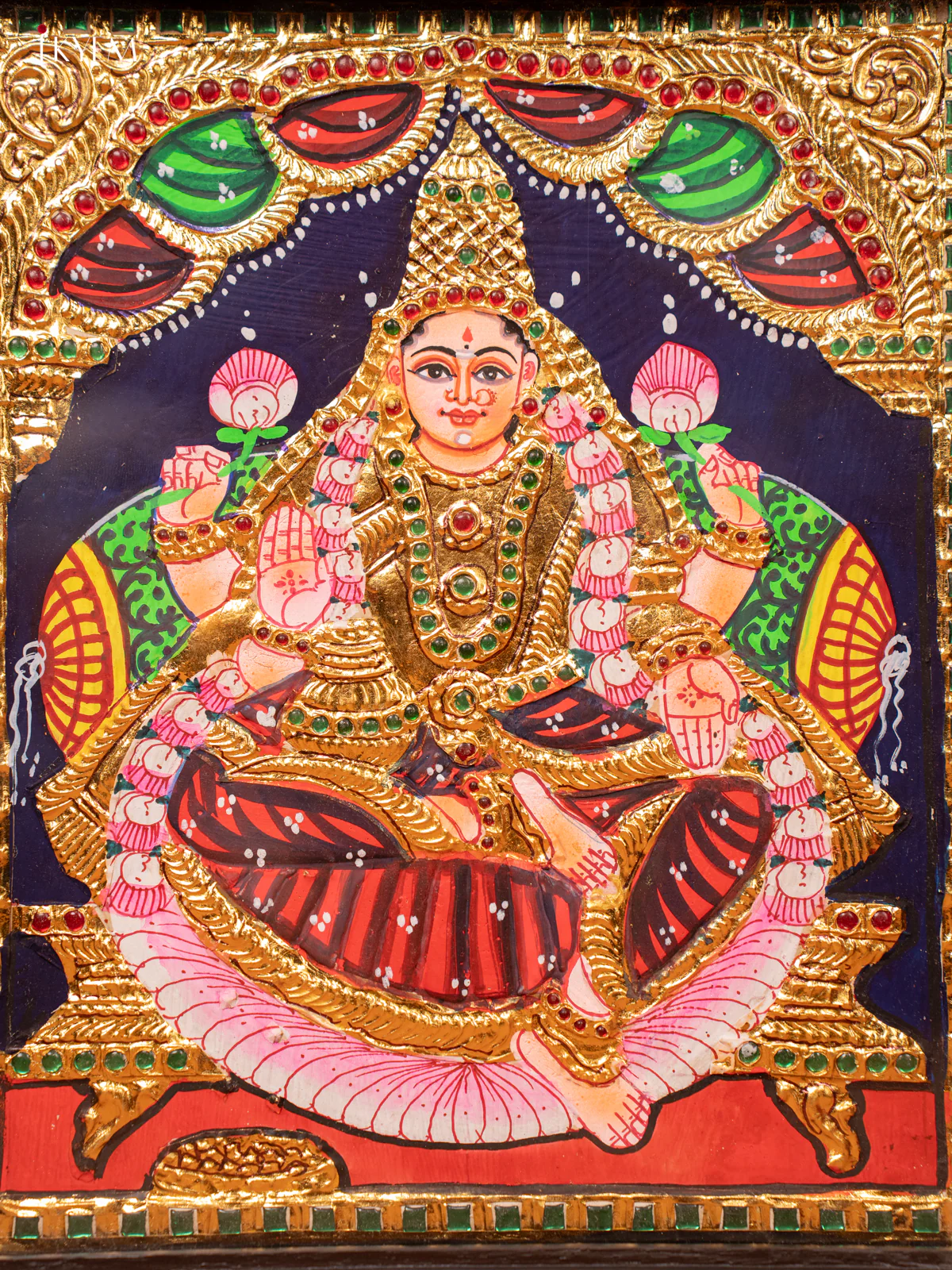 Gaja Lakshmi - Tanjore Painting (15x13) - Marron with green - KE27188 - Image 2