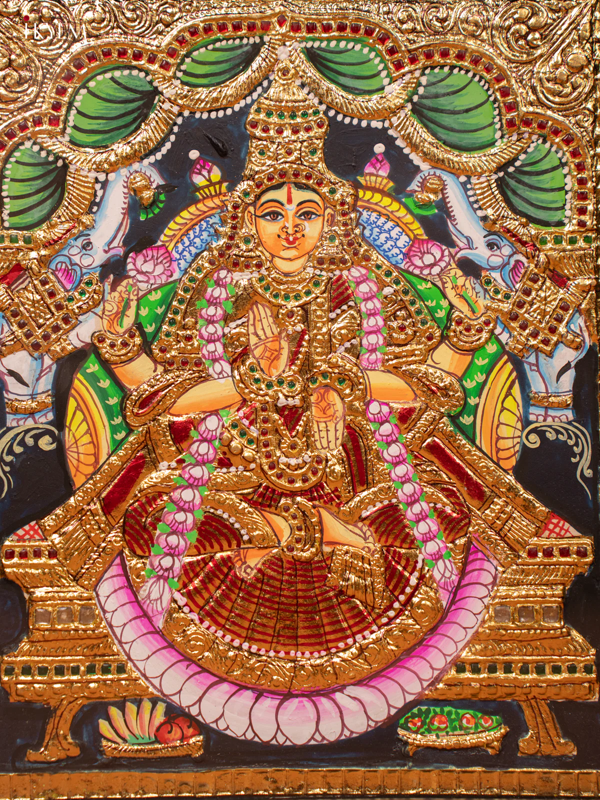 Gaja Lakshmi - Tanjore Painting (15x13) - Maroon - KE27190 - Image 2