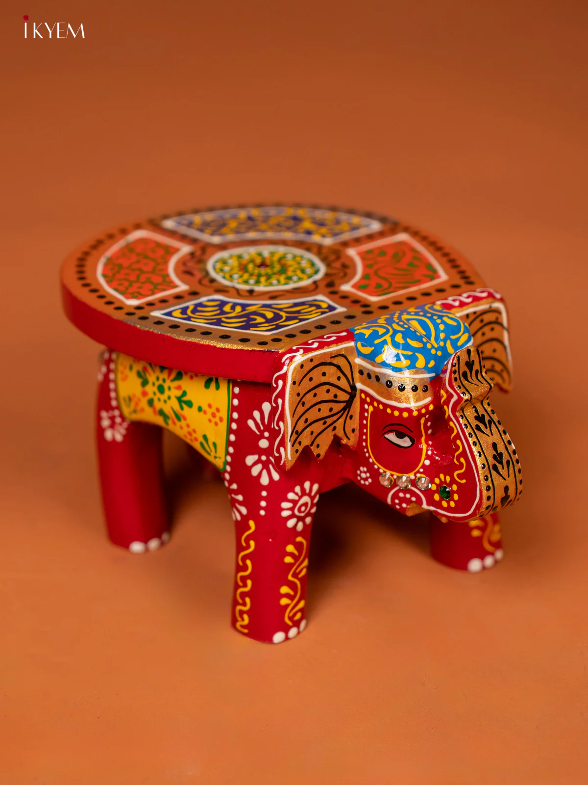 wooden Hand Painted elephant stool 4 inch - Red - KE27209 - Image 2