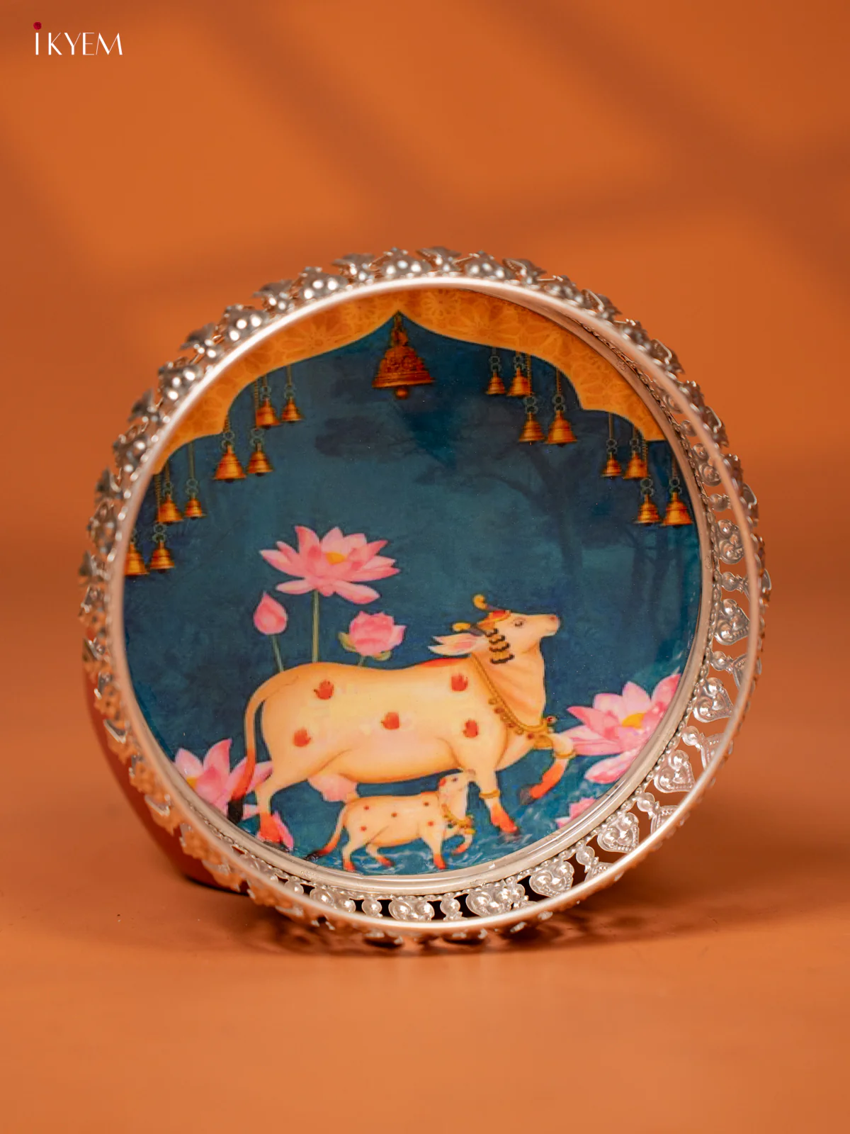 Digital Printed German Silver Pichwai Tray - Cow & Calf - BLUE (6 inch) - KE28117 - Image 2