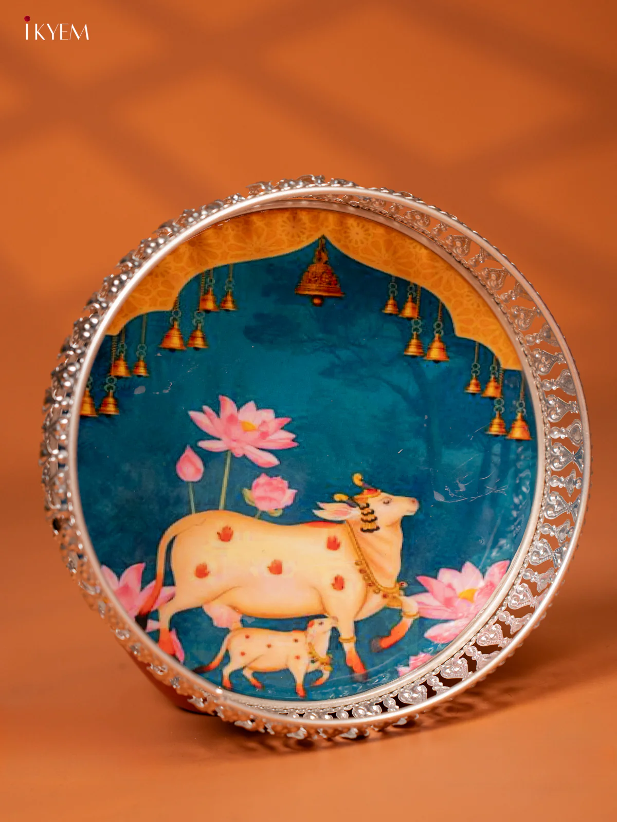 Digital Printed German Silver Pichwai Tray - Cow & Calf - BLUE (8 inch) - KE28118