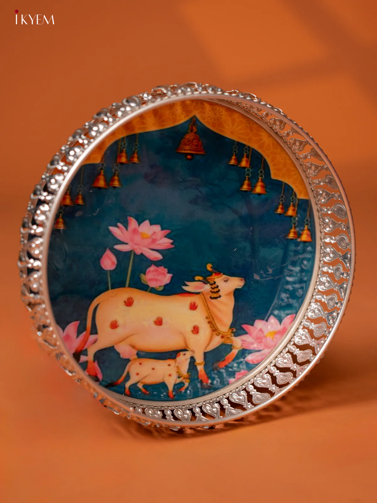Digital Printed German Silver Pichwai Tray - Cow & Calf - BLUE (8 inch) - KE28118 - Image 2