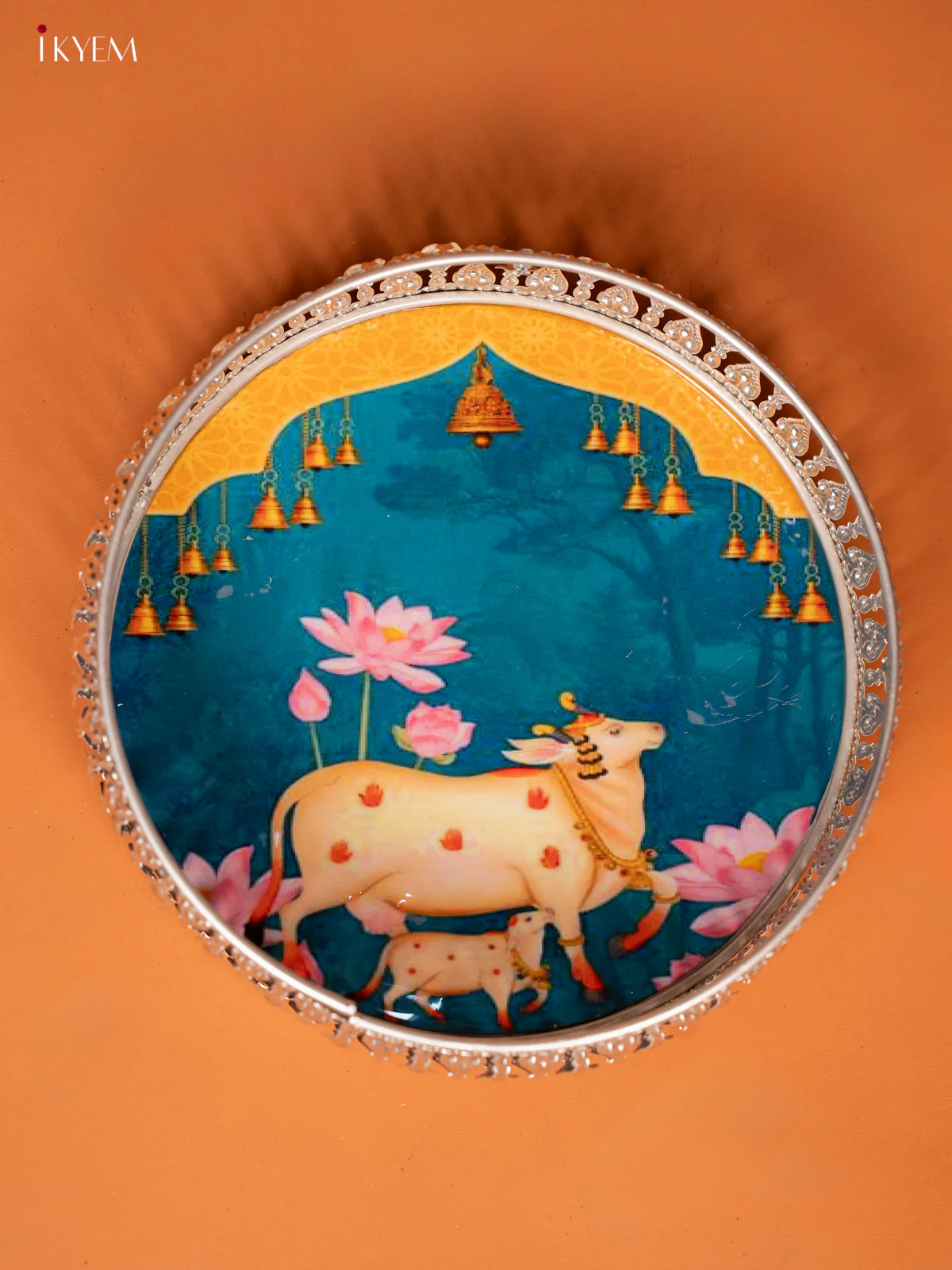 Digital Printed German Silver Pichwai Tray - Cow & Calf - BLUE (8 inch) - KE28118 - Image 3
