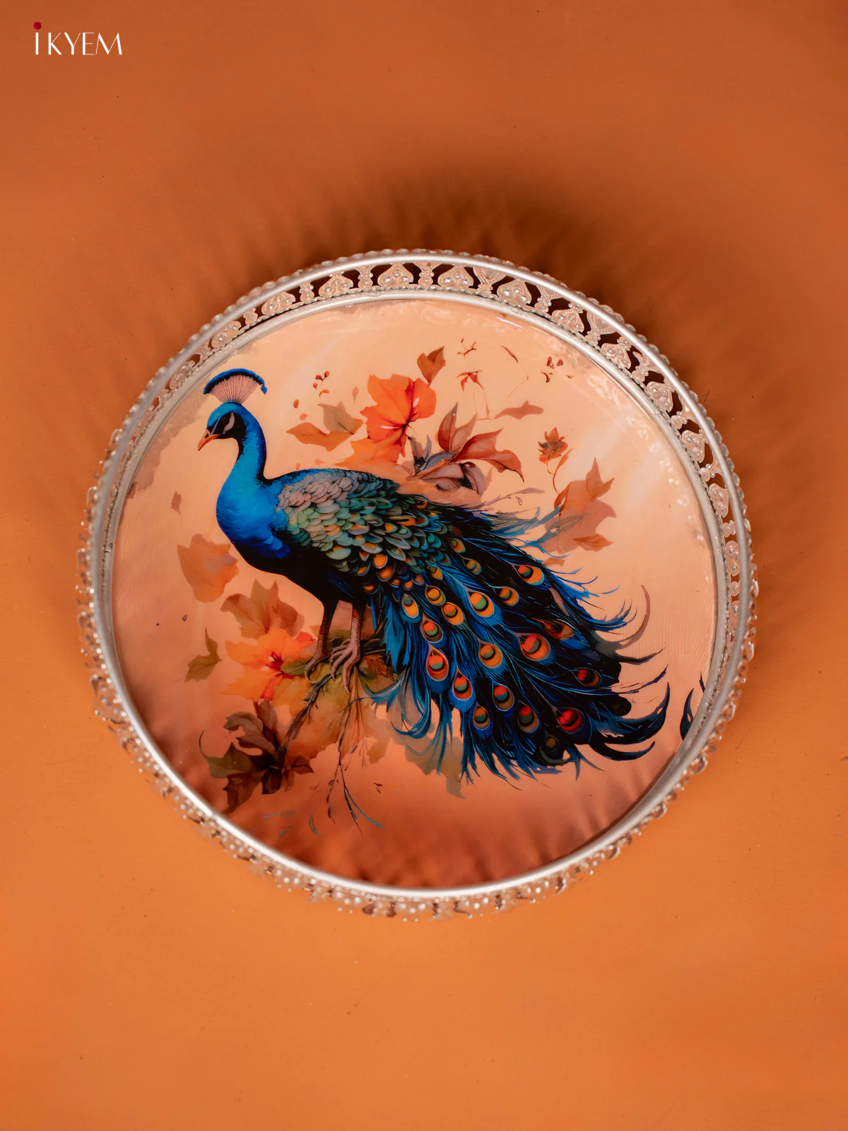 Digital Printed German Silver Pichwai Tray - Peacock - CREAM (8 inch) - KE28120