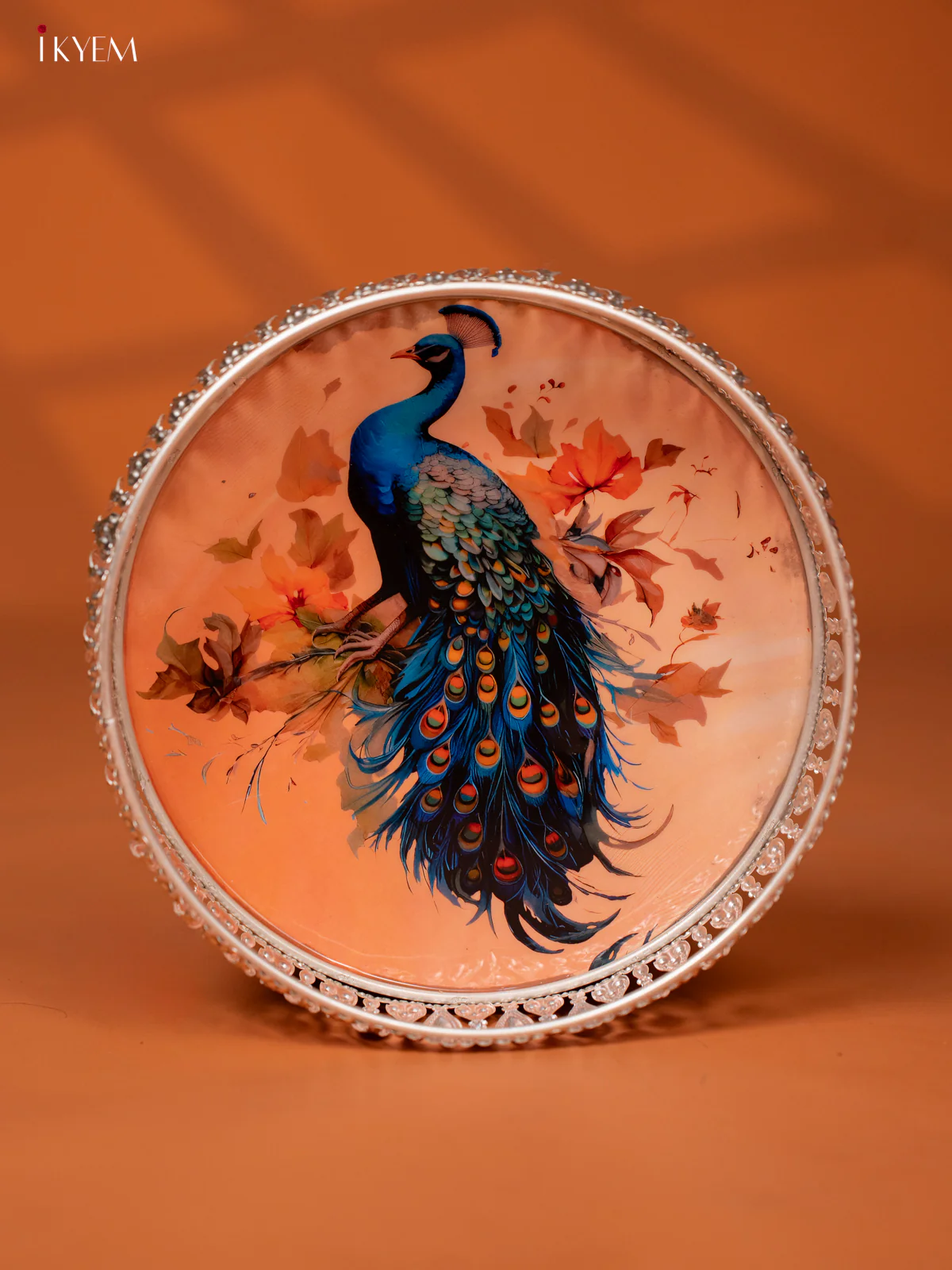 Digital Printed German Silver Pichwai Tray - Peacock - CREAM (8 inch) - KE28120 - Image 2