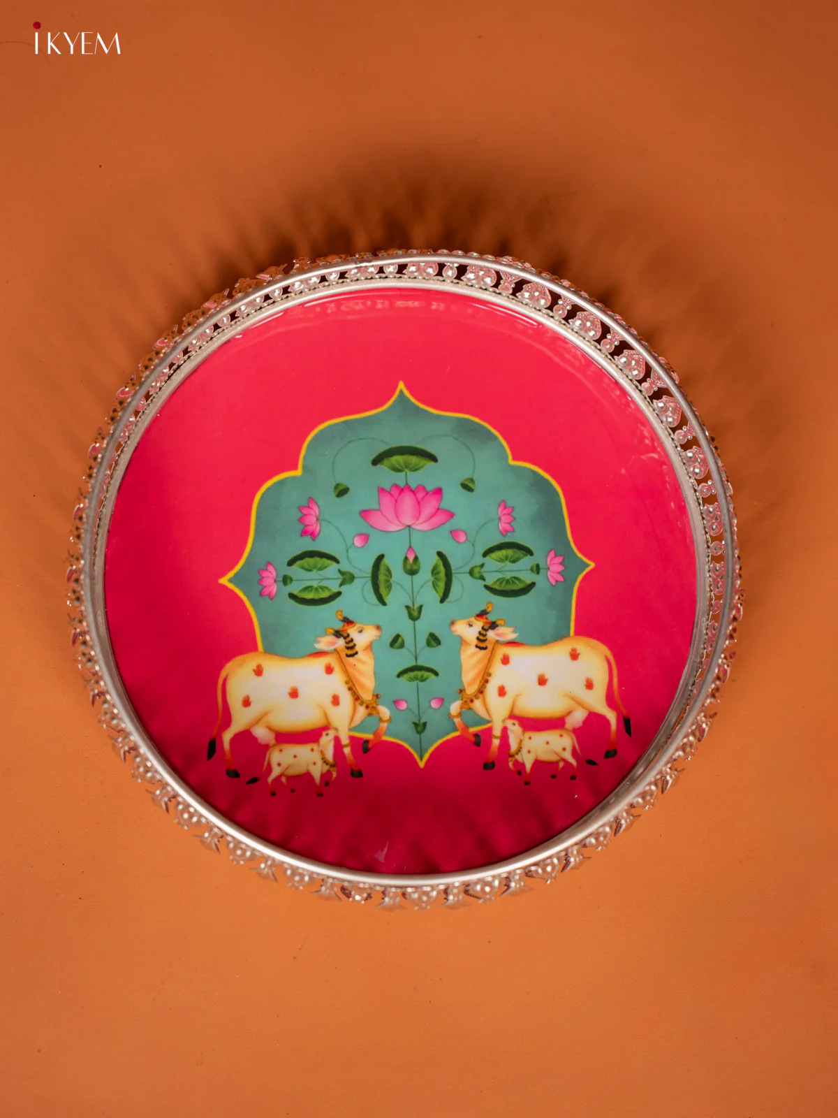 Digital Printed German Silver Pichwai Tray - Cow & Calf - PINK (8 inch) - KE28122 - Image 3
