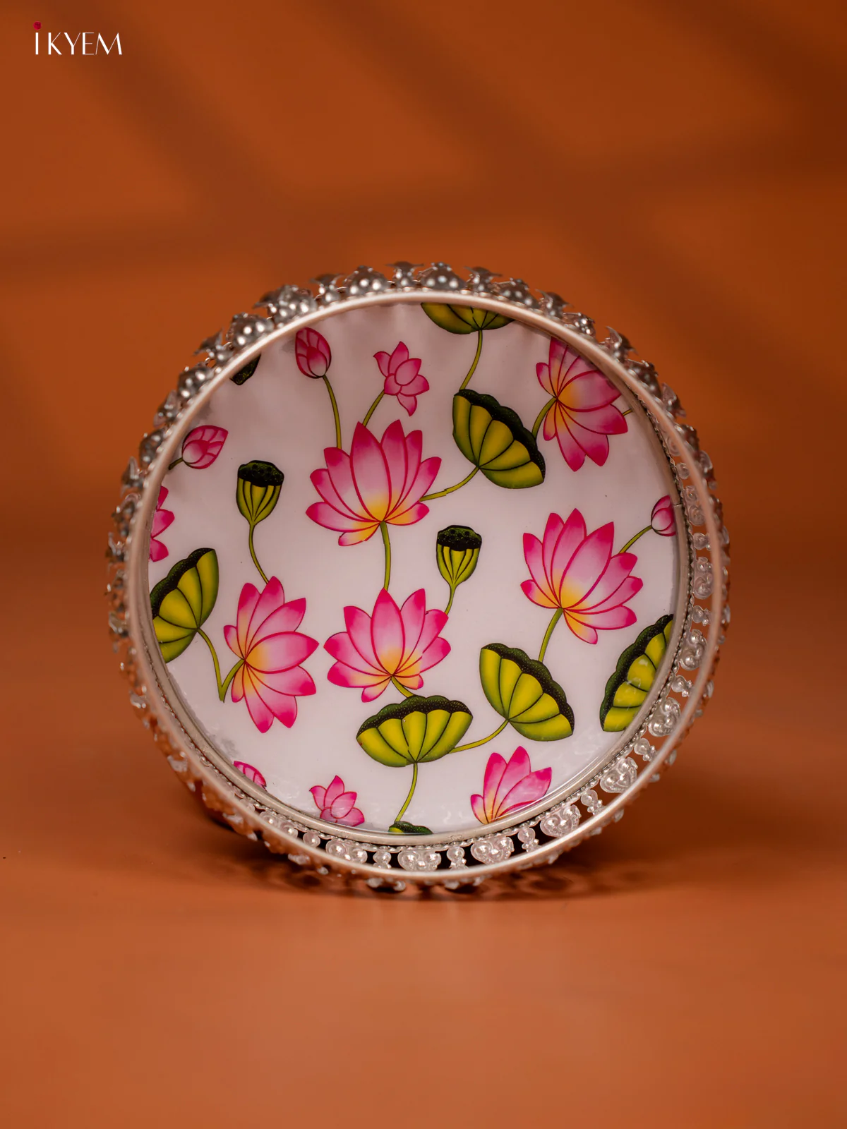 Digital Printed German Silver Pichwai Tray - Lotus - White (6 inch) - KE28125