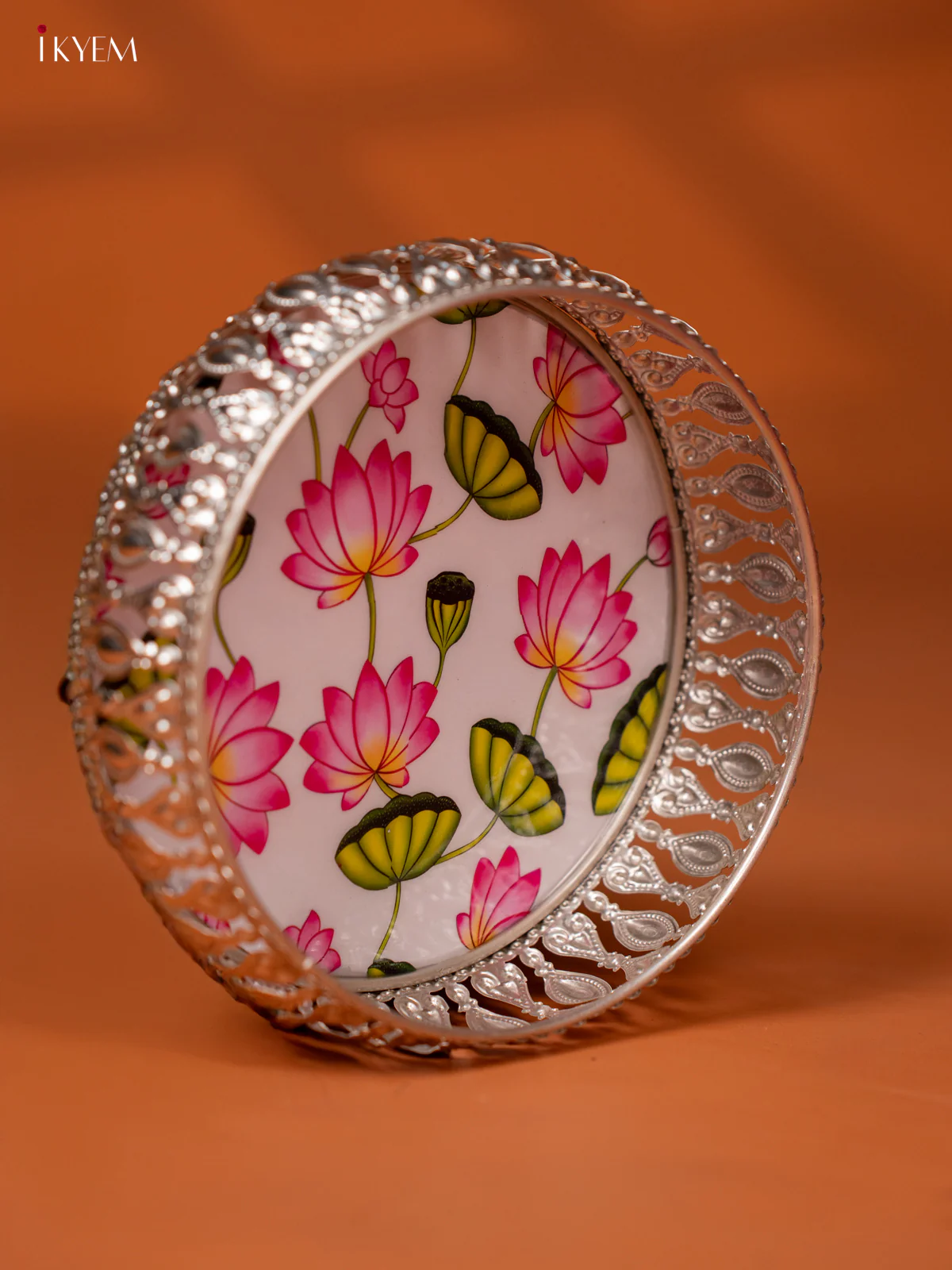 Digital Printed German Silver Pichwai Tray - Lotus - White (6 inch) - KE28125 - Image 2