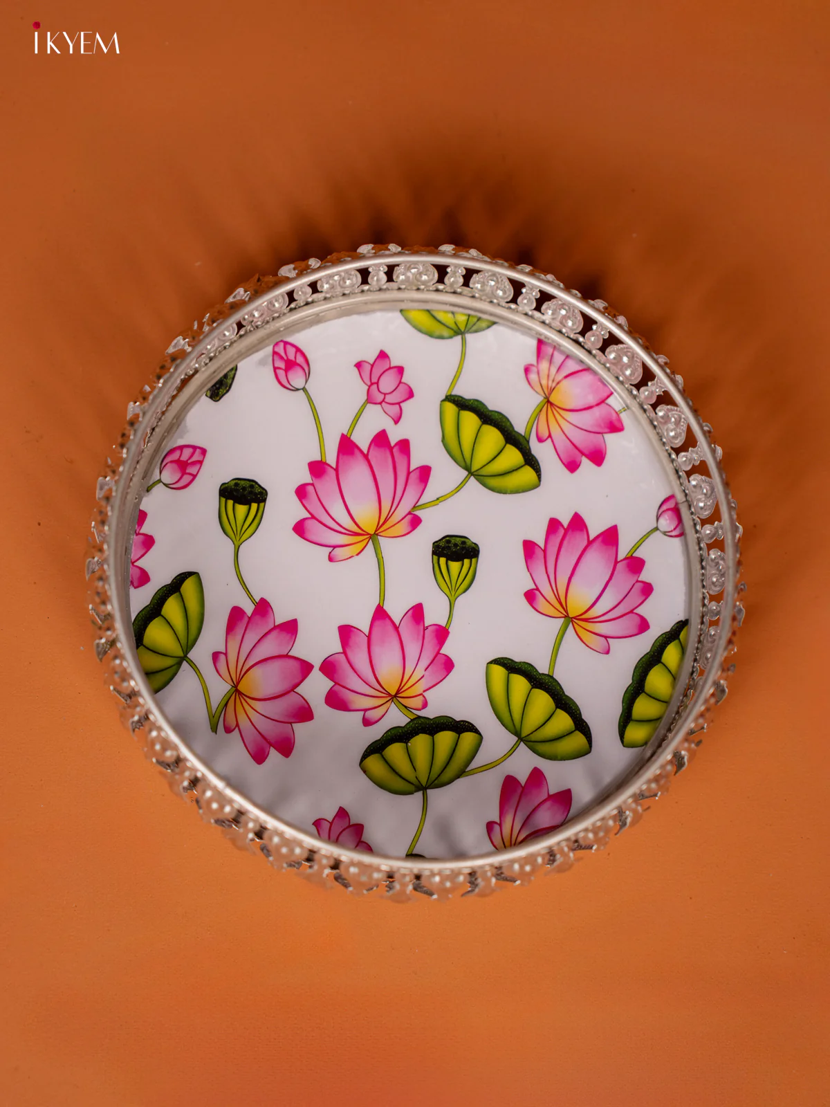 Digital Printed German Silver Pichwai Tray - Lotus - White (6 inch) - KE28125 - Image 3