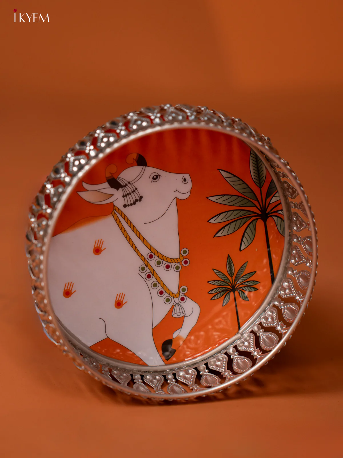 Digital Printed German Silver Pichwai Tray - Cow - Orange - (6 inch) - KE28126 - Image 2