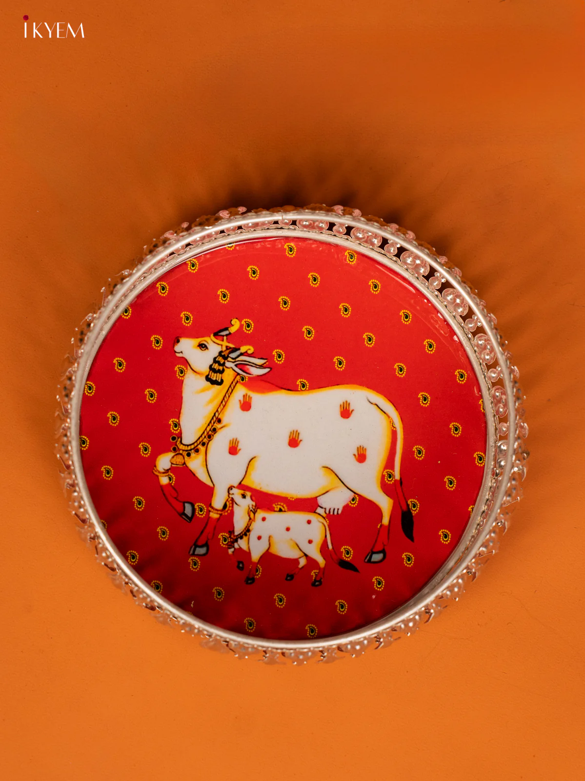 Digital Printed German Silver Tray - 8 Inch - Cow & Calf - Red - KE28133