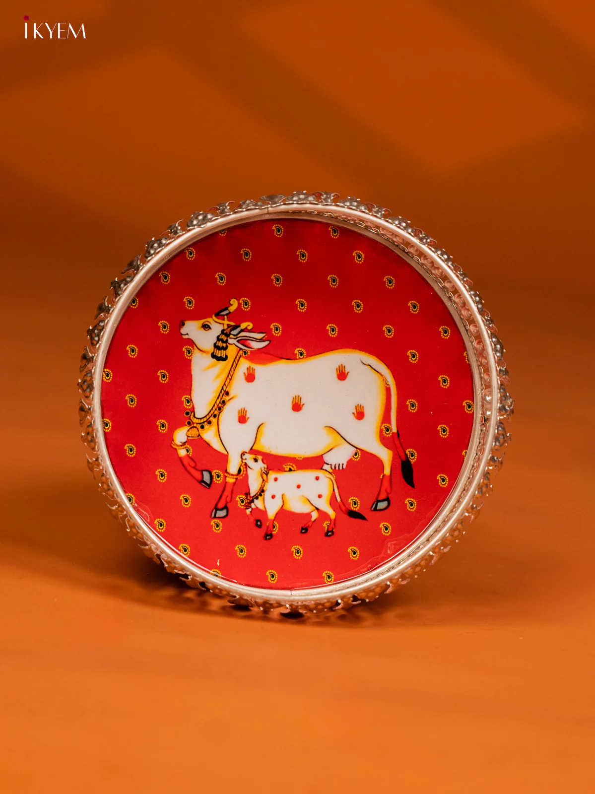 Digital Printed German Silver Tray - 8 Inch - Cow & Calf - Red - KE28133 - Image 2