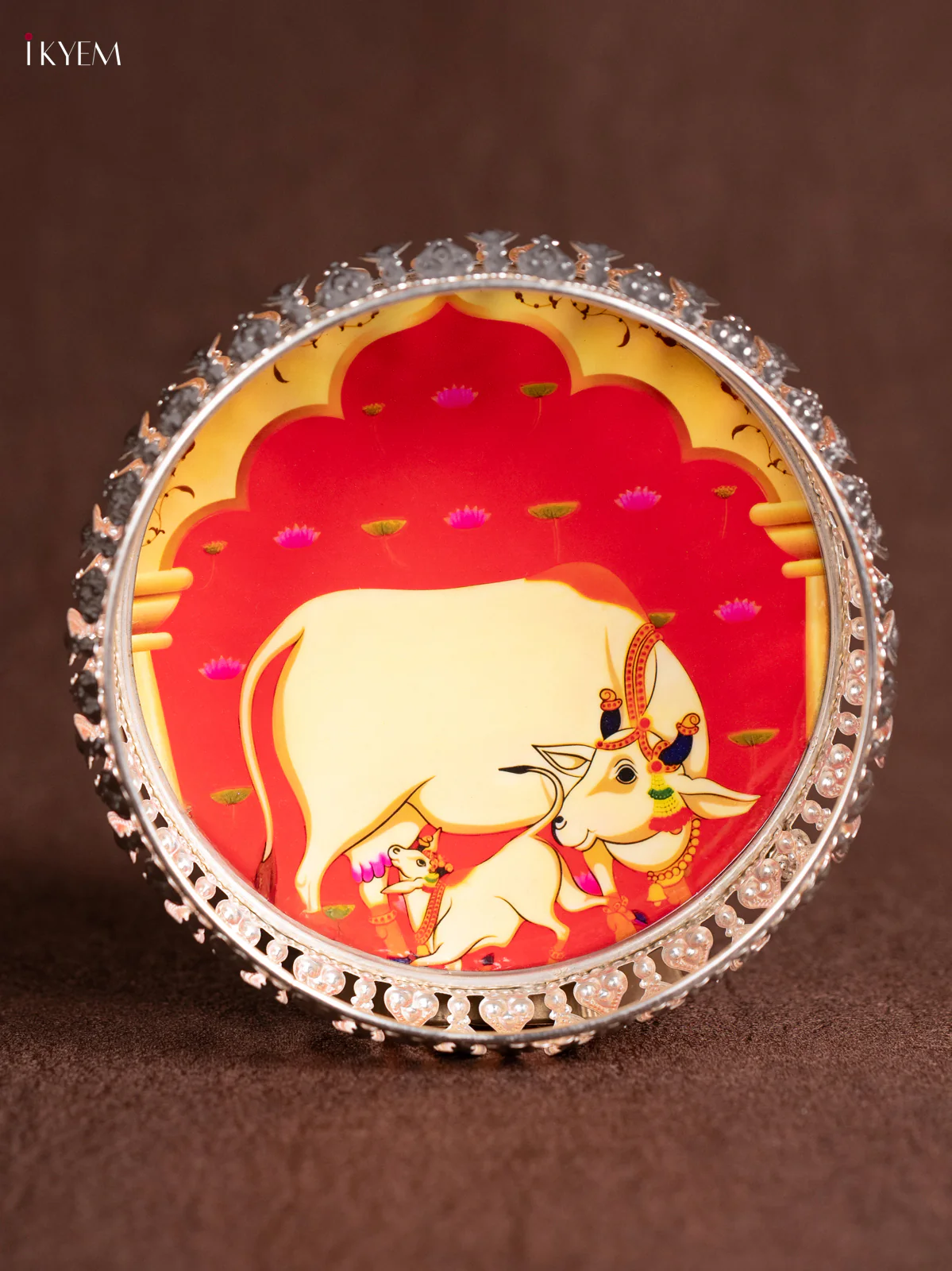 Digital Printed German Silver Tray - 6 Inch - Cow & Calf - Orange - KE28135