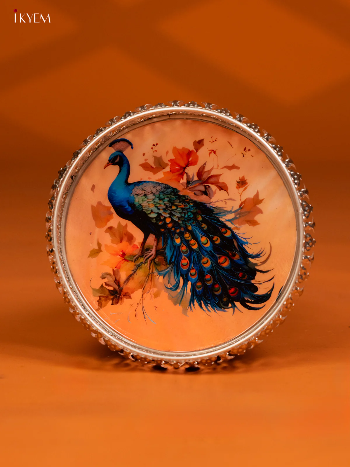 Digital Printed German Silver Tray - 6 Inch - peacock - peach - KE28142