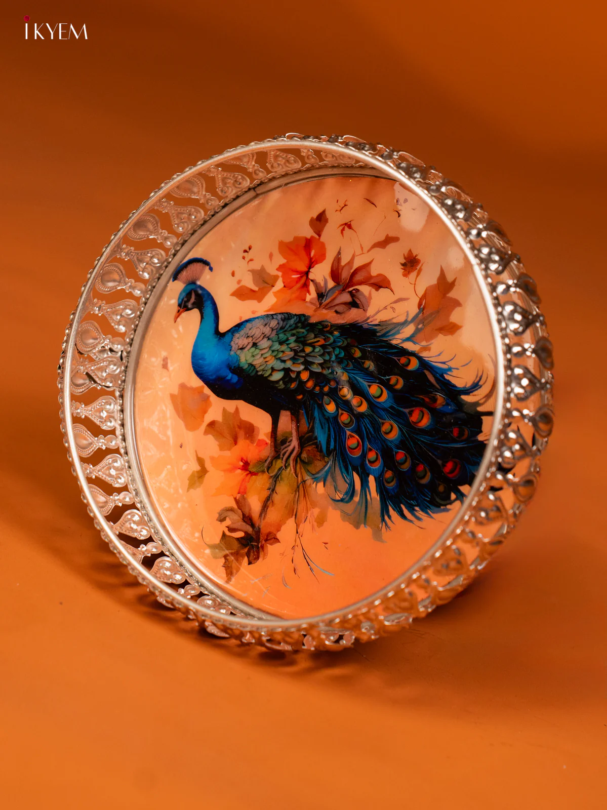 Digital Printed German Silver Tray - 6 Inch - peacock - peach - KE28142 - Image 2