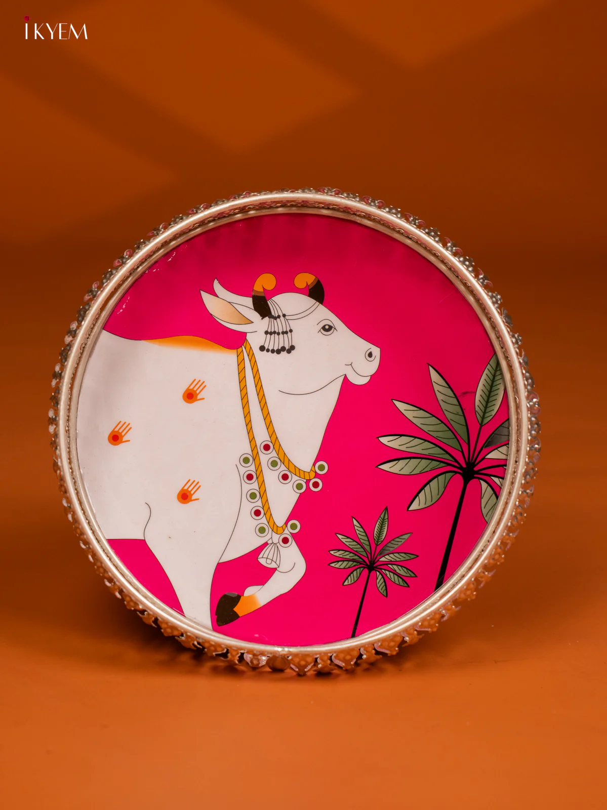Digital Printed German Silver Tray - 8 Inch - Cow - Pink - KE28144