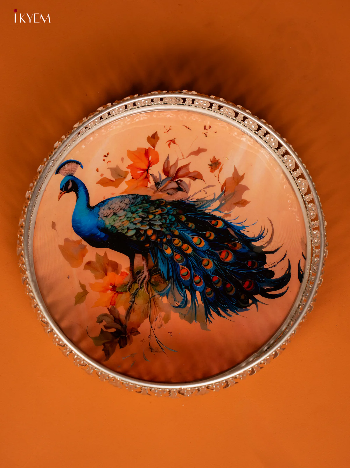 Digital Printed German Silver Tray - 8 Inch - peacock - Peach - KE28145 - Image 3