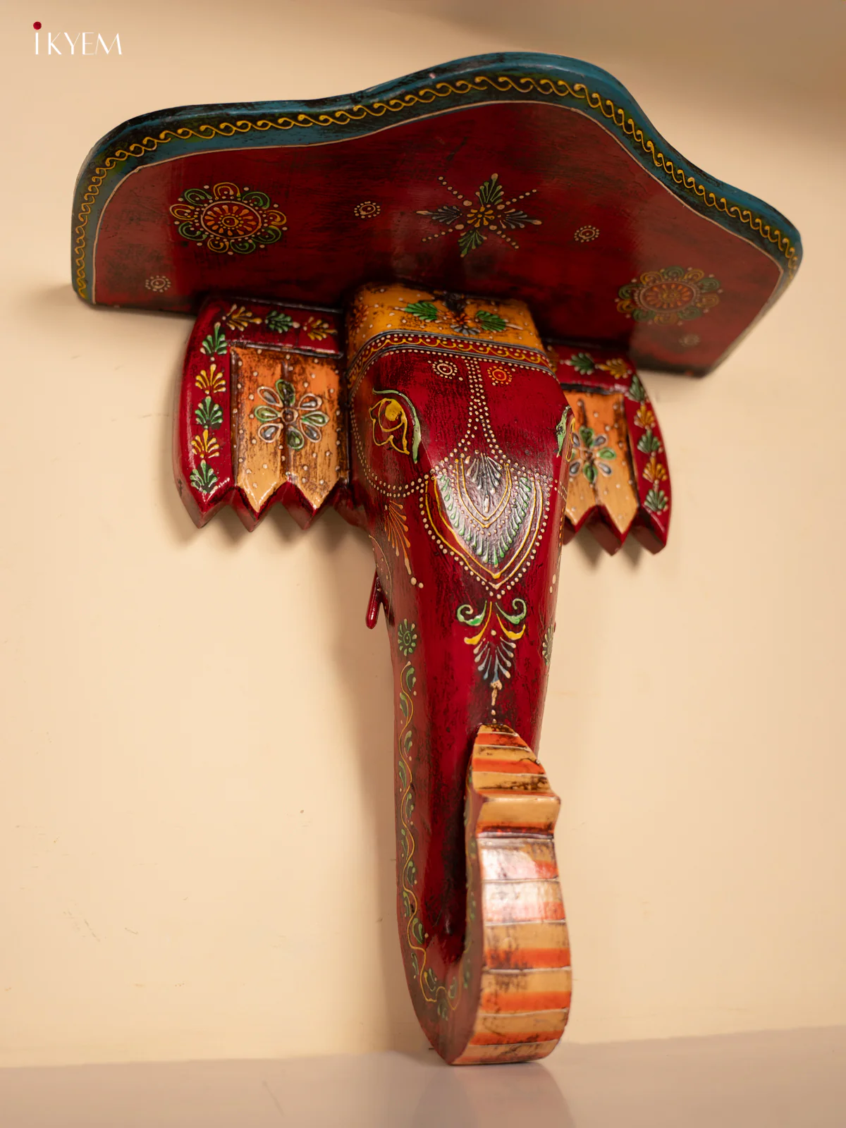 Wooden Wall stand/shelf/bracket Elephant face - Big - Red with Blue - KE29192 - Image 4