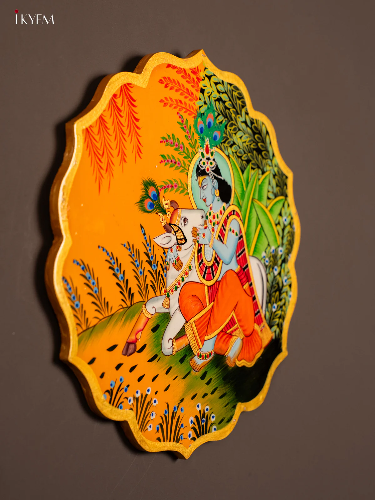 Wooden Hand painted Wall hanging plates - Krishna & Cow - KE29195 - Image 2