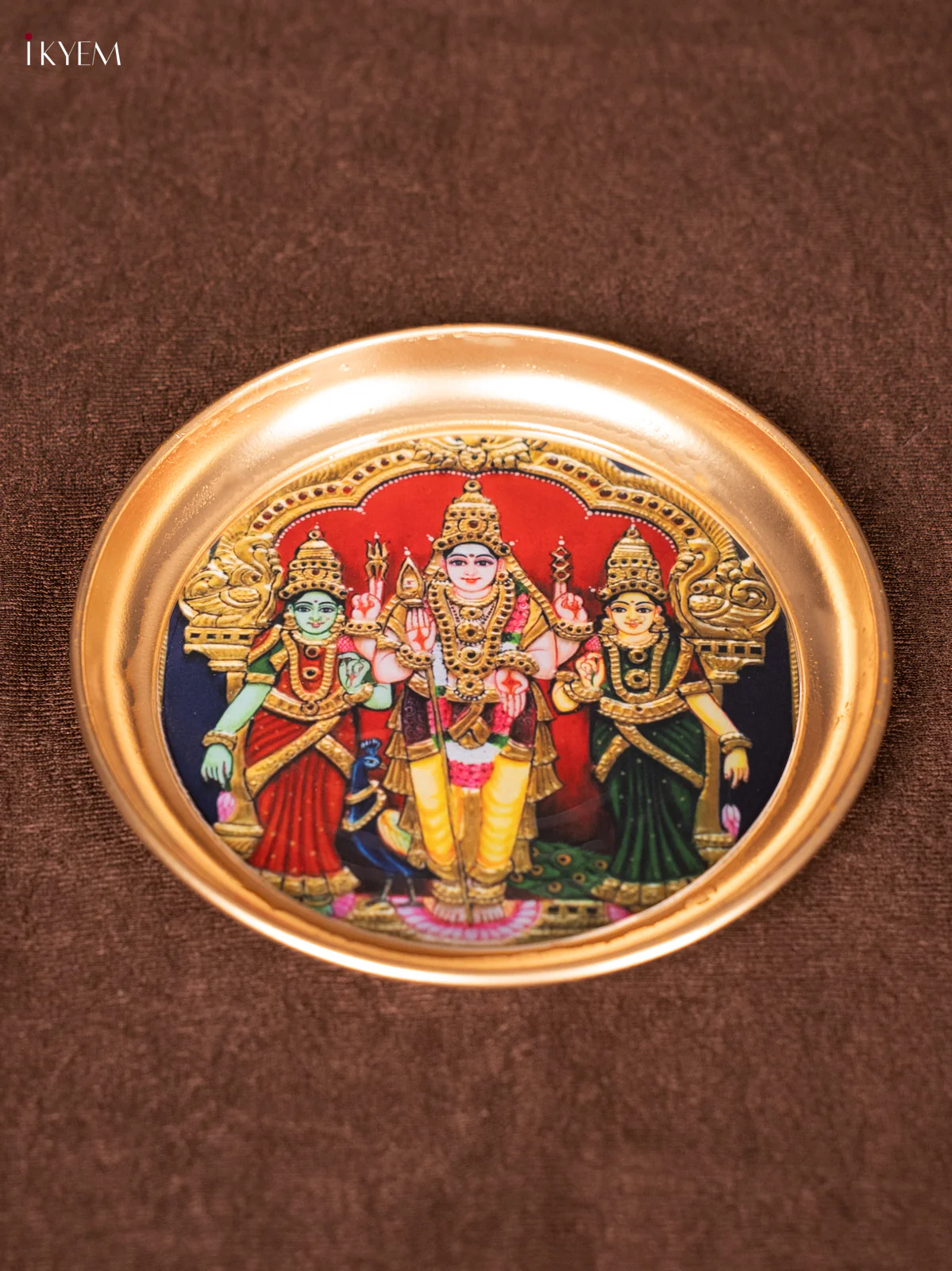 Murugan Valli Deivanai & Peacock - Printed Brass Coated Plate - 6 inch - KEA1025