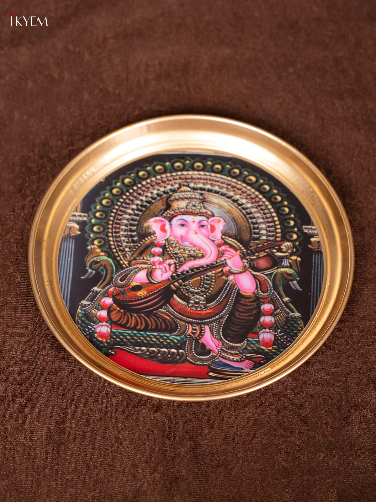 Ganesha & Peacock - Printed Brass Coated Plate - 6 inch - KEA1026
