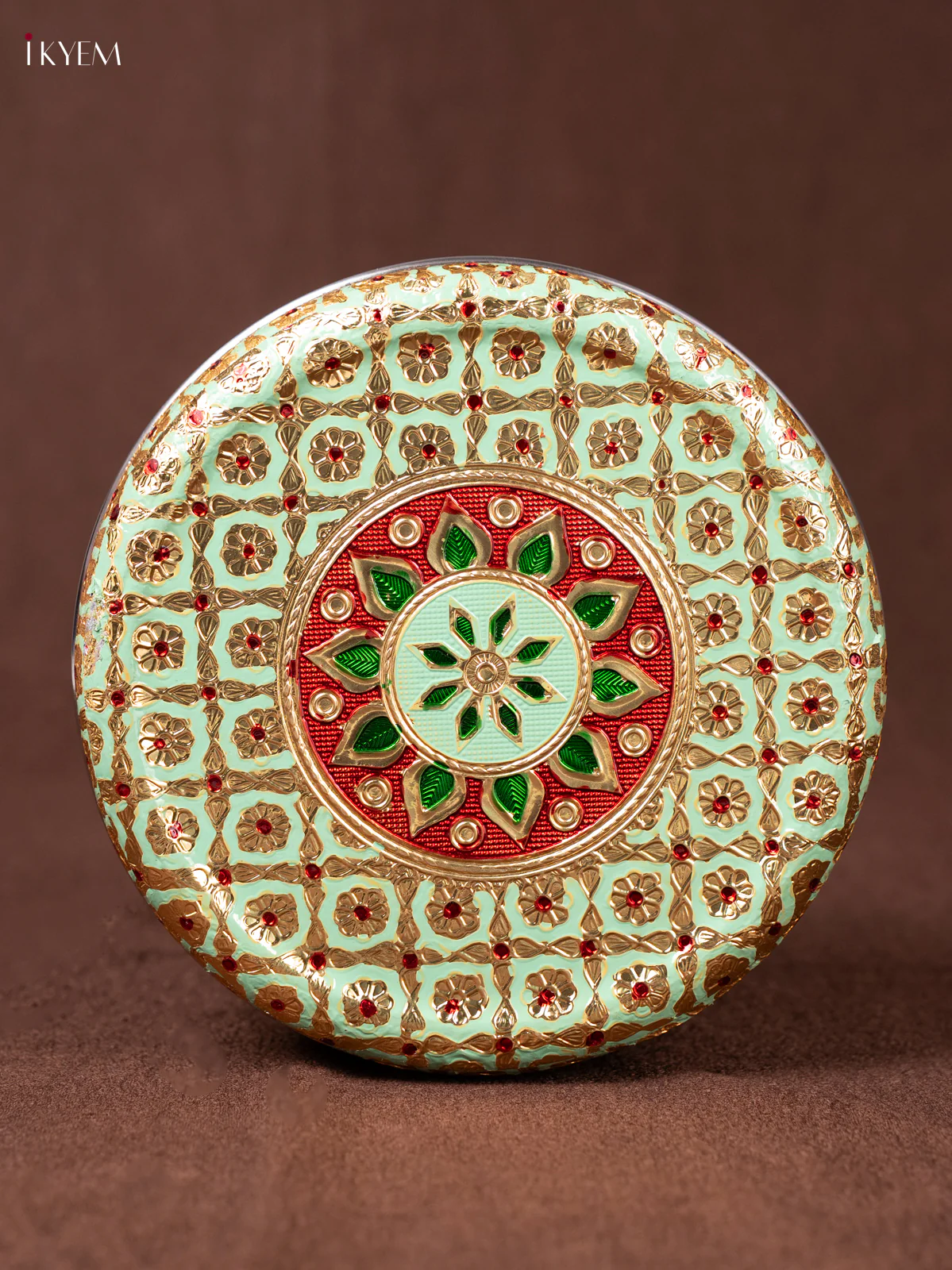 Pista Green & Red Meenakari Steel Box - 6.5inch - KEA1116 - Image 3