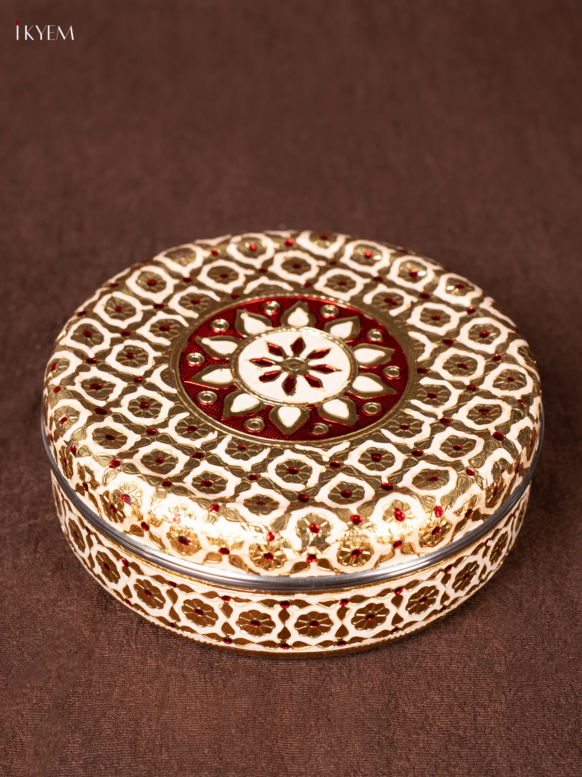Cream & Red Meenakari Design Steel Box - 6.5 inch - KEA1119
