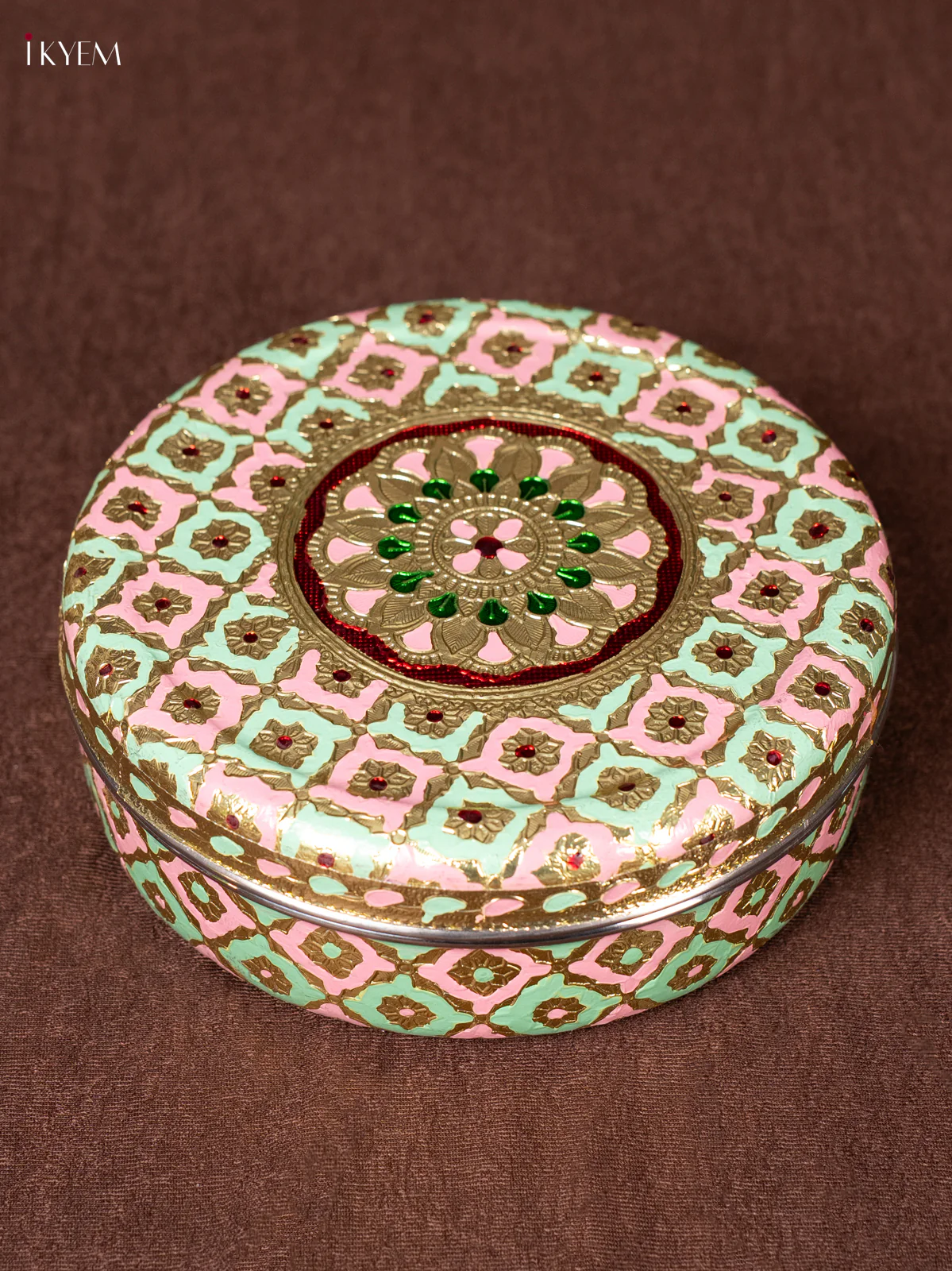 Pista Green & Pink Meenakari Design Steel Box - 6.5 inch - KEA1125